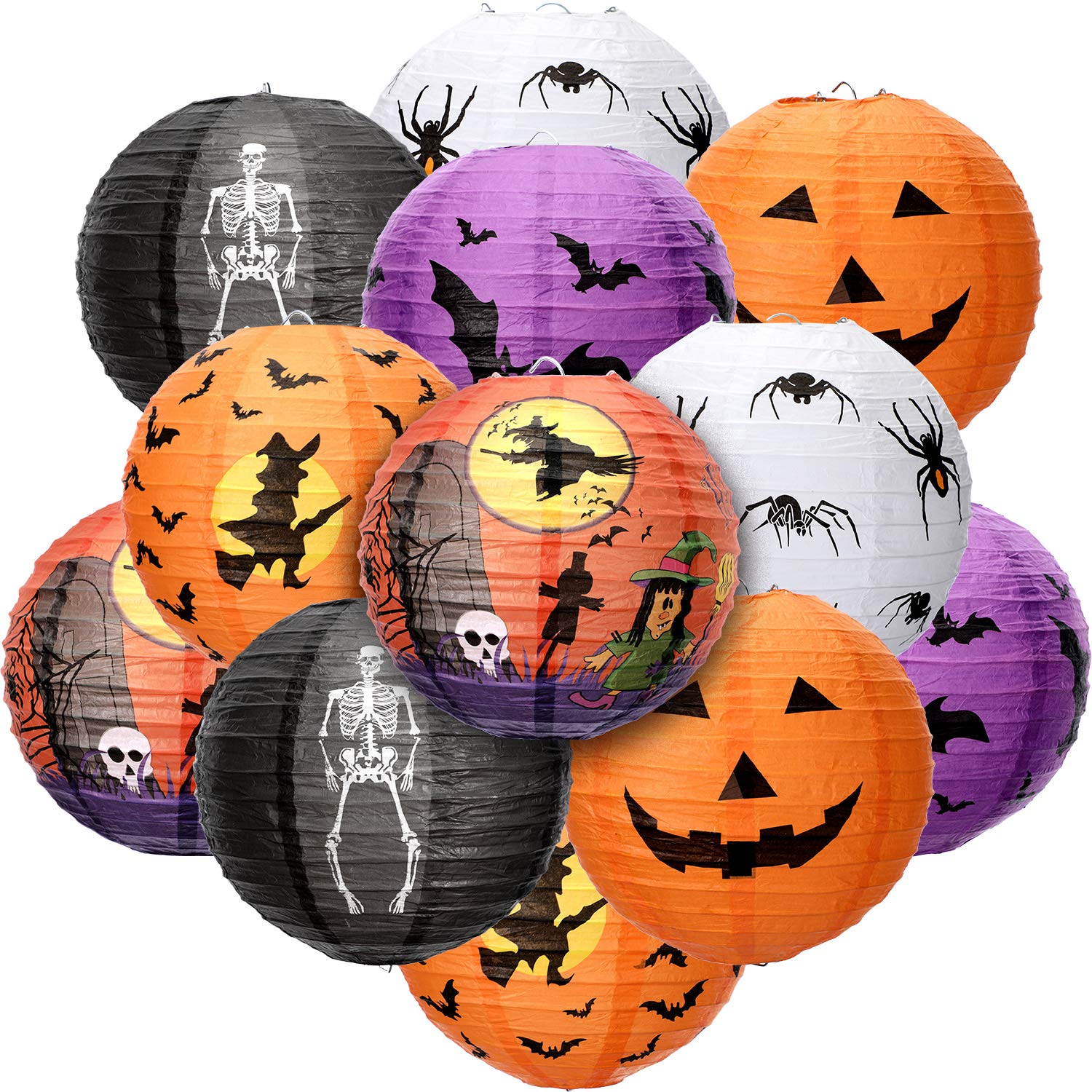 12 Pieces Halloween Paper Lanterns Jack O Lantern Pumpkin Hanging Lanterns Spider Bat Skeleton Lanterns for Halloween Indoor Out