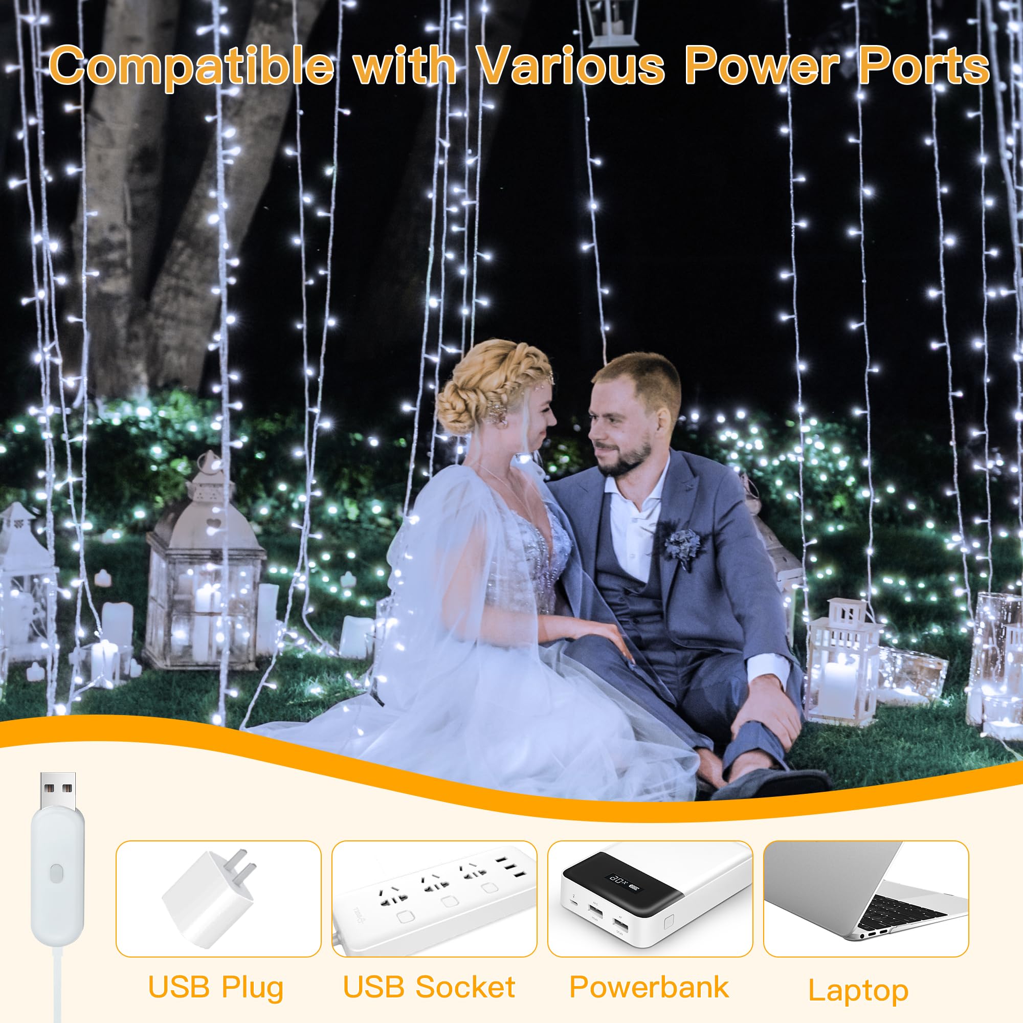 Ollny Curtain Lights 200LED, 6.6x6.6ft, Cool White, USB, Waterproof, 8 Modes, Remote Control, Model W0202M020L