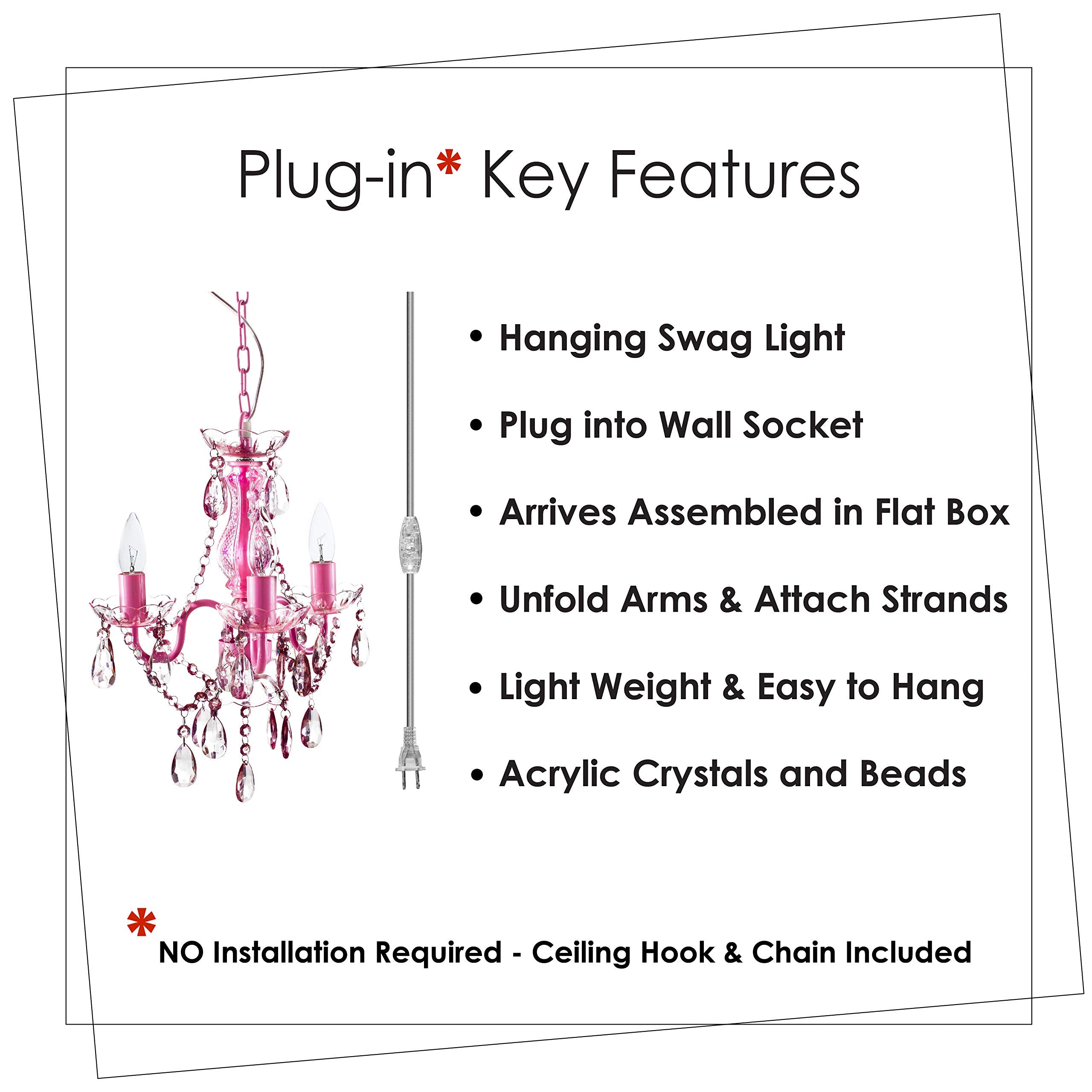 gypsy color 3 Light Plug-in Chandelier, Pink Metal Frame, Acrylic Crystals, Model GYMIPK, H17”xW12”