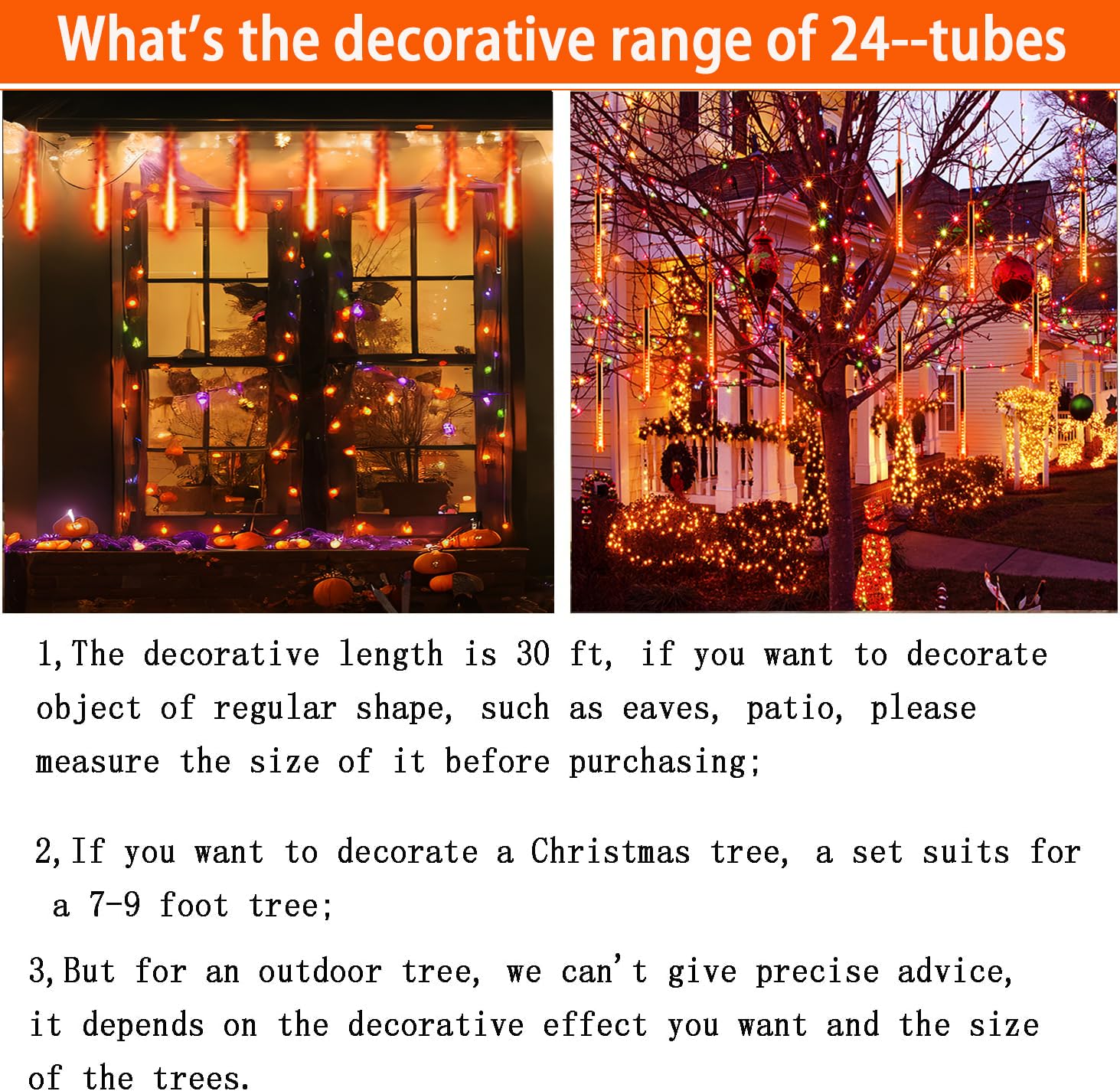Halloween Lights, 24Tubes(Equivalent To 3 Sets Of 8-Tubes) Purtuemy Meteor Shower Orange Lights Icicle String Lights For Hallowe