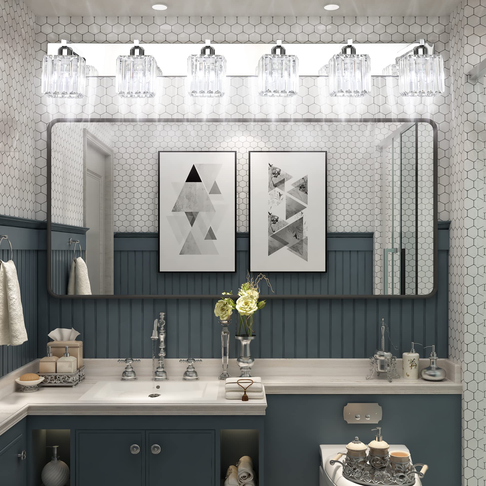 Aipsun Chrome Bathroom Vanity Light Fixtures, 6-Light, Stainless Steel & Crystal, 49 Inch, Model 8461