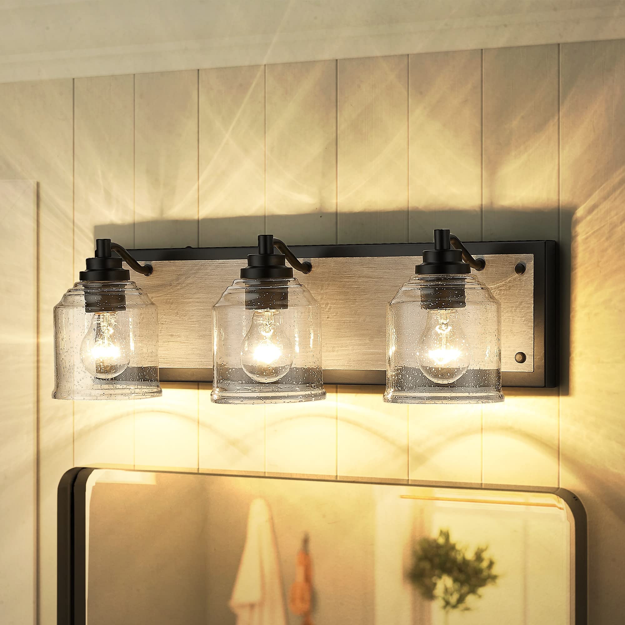 23" Large Farmhouse Bathroom Vanity Light,Handmade Grey Wood Vanity Light With Bubble Glass Shades,3-Light Rustic Wall Sconce Lighting Fixtures Over Mirror, Bd005-3-Bk