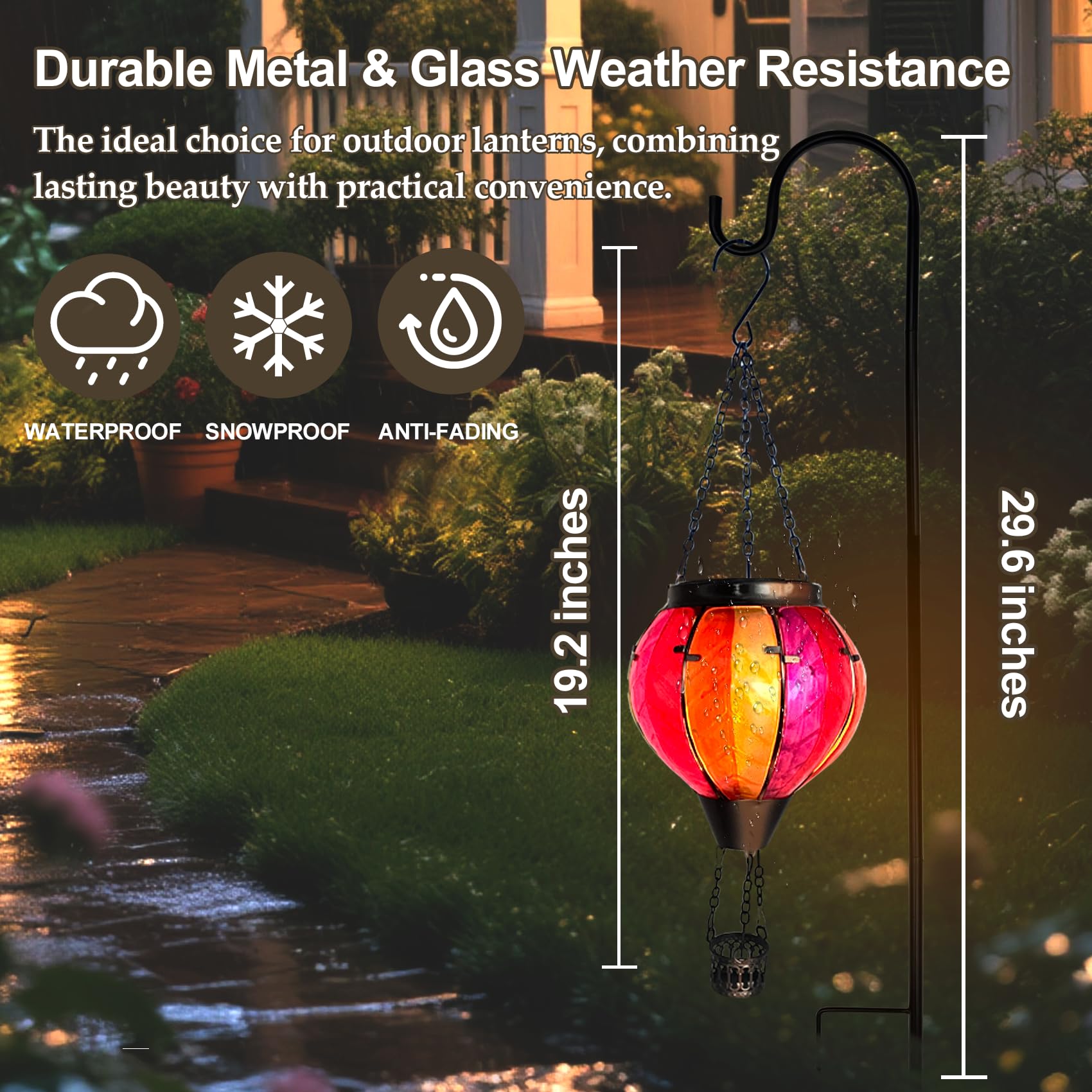 Twirleternity Hot Air Balloon Solar Lanterns - 2PCS Waterproof Outdoor Hanging Lights, Metal Hook, Flickering Flame, Rainbow Color