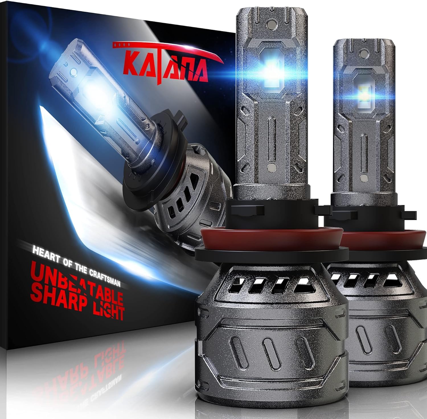 Katana H11 Bulb, H9 H8 LED Light, 400% Brightness, 6500K, Mini Size, Aluminum, Plug and Play