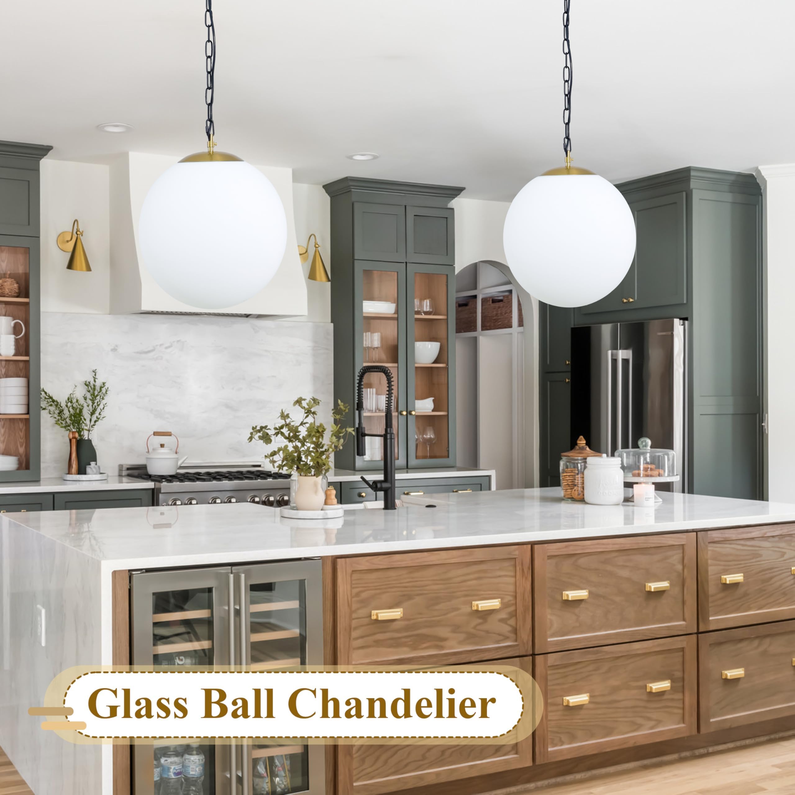 Koko&Yukina 13.7&quot; Gold Globe Pendant Light, Opal & Brass Adjustable Fixture For Dining Room