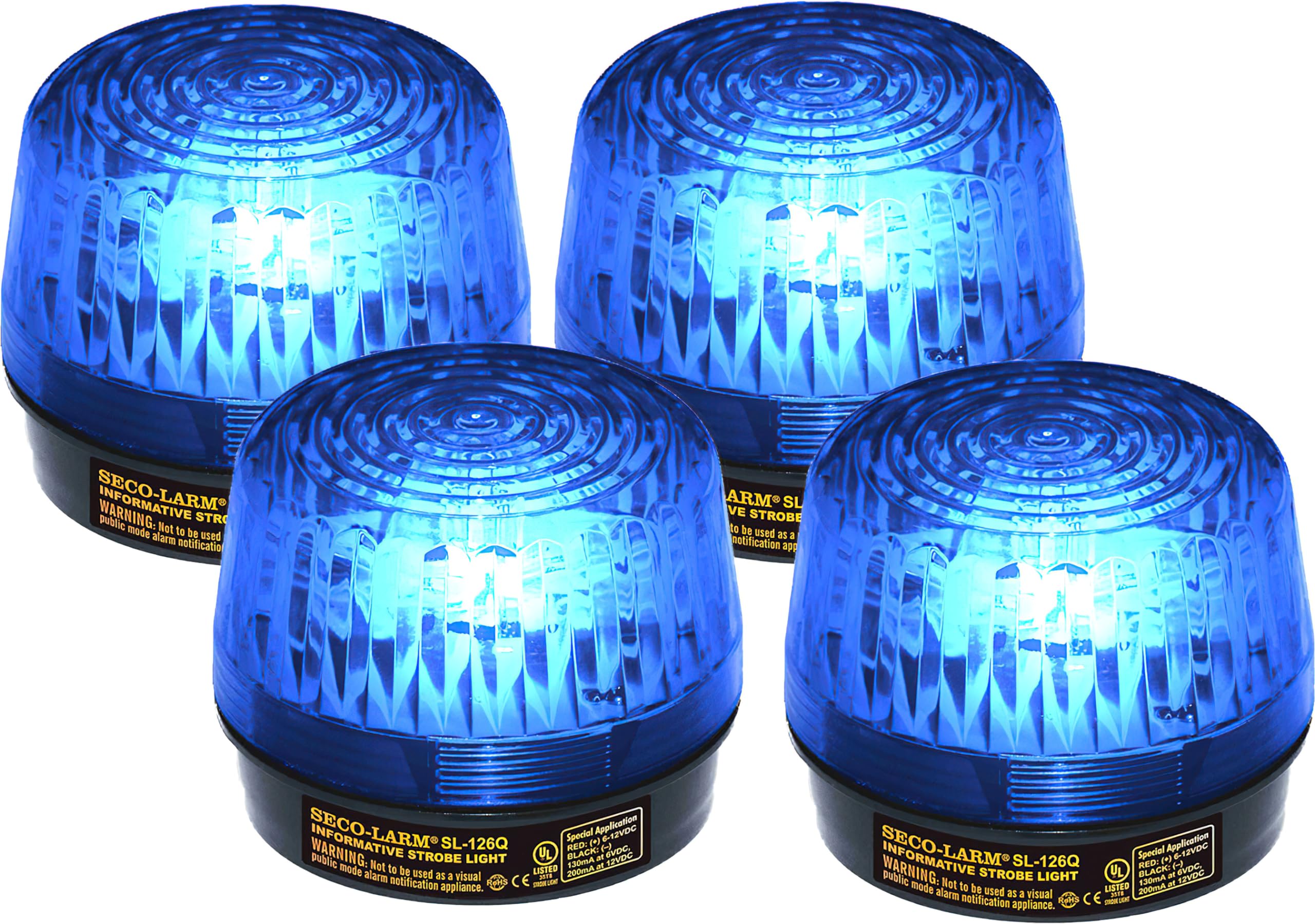 Seco-Larm SL-126Q/B Pack of 4 Strobe Lights, Blue; 6 ot 12VDC; Easy 2-Wire Installation; High-Impact and Heat-Resistant Acryrex 