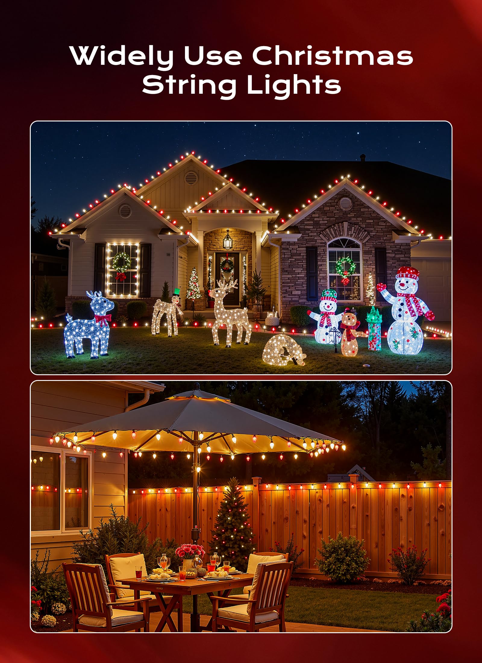 C9 Christmas Lights Outdoor  66 Ft 100 Led Connectable C9 String Lights With 8 Modes And Timer Xmas Tree Patio Roofline Garden Yard Holiday Party Indoor Outdoor Decoration  Red And Warm White