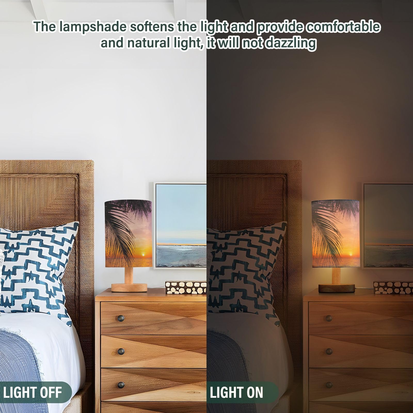 Yyzzh Table Lamp Sunset Ocean Palm Tree Tropical Summer Nightstand Lamp With Wood Base Fabric Lamp Shade Bedside Desk Lamp For L