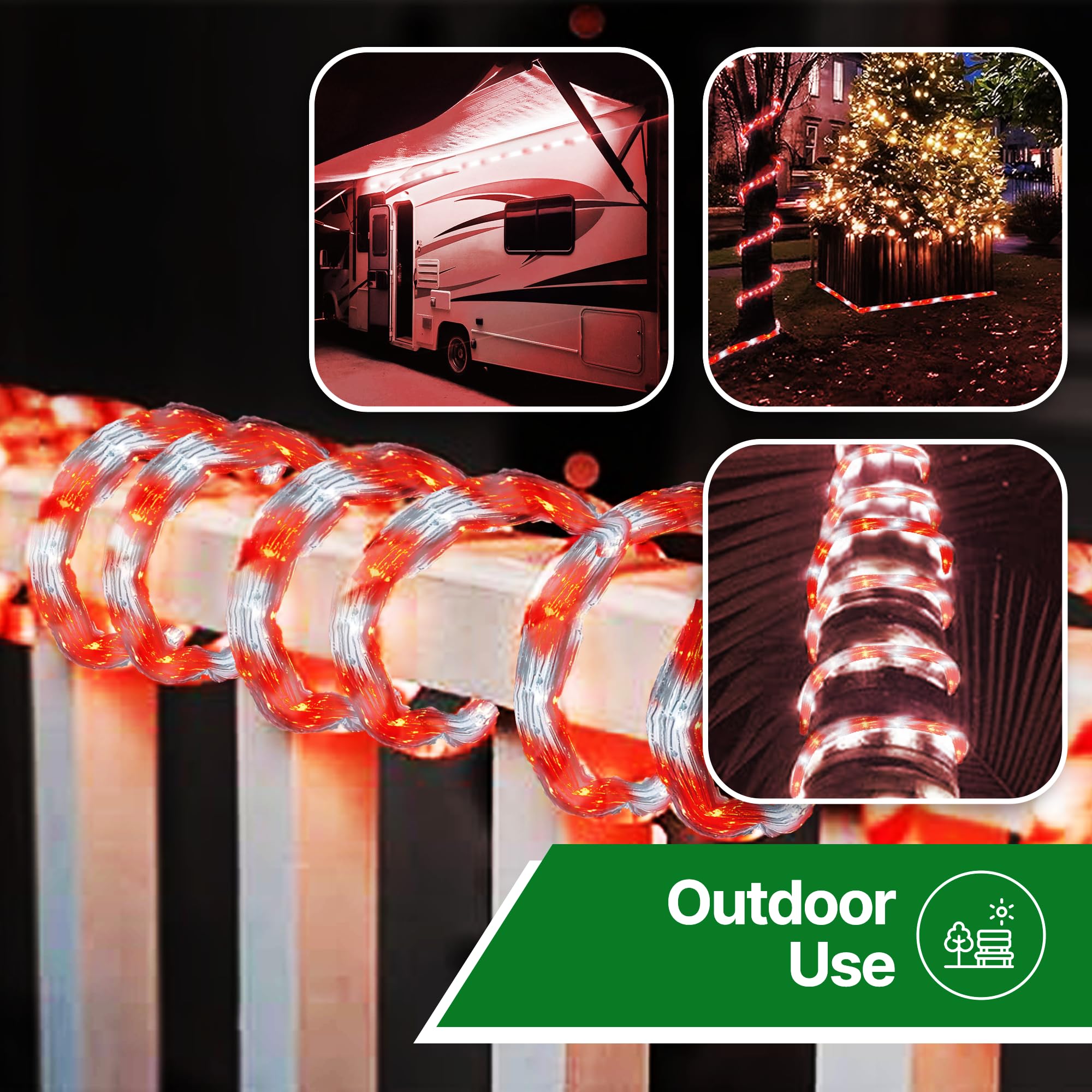 Tupkee LED Rope Light - Red & Cool White, 24 Feet, 10MM Diameter, 144 Long Life Bulbs, Pack of 2