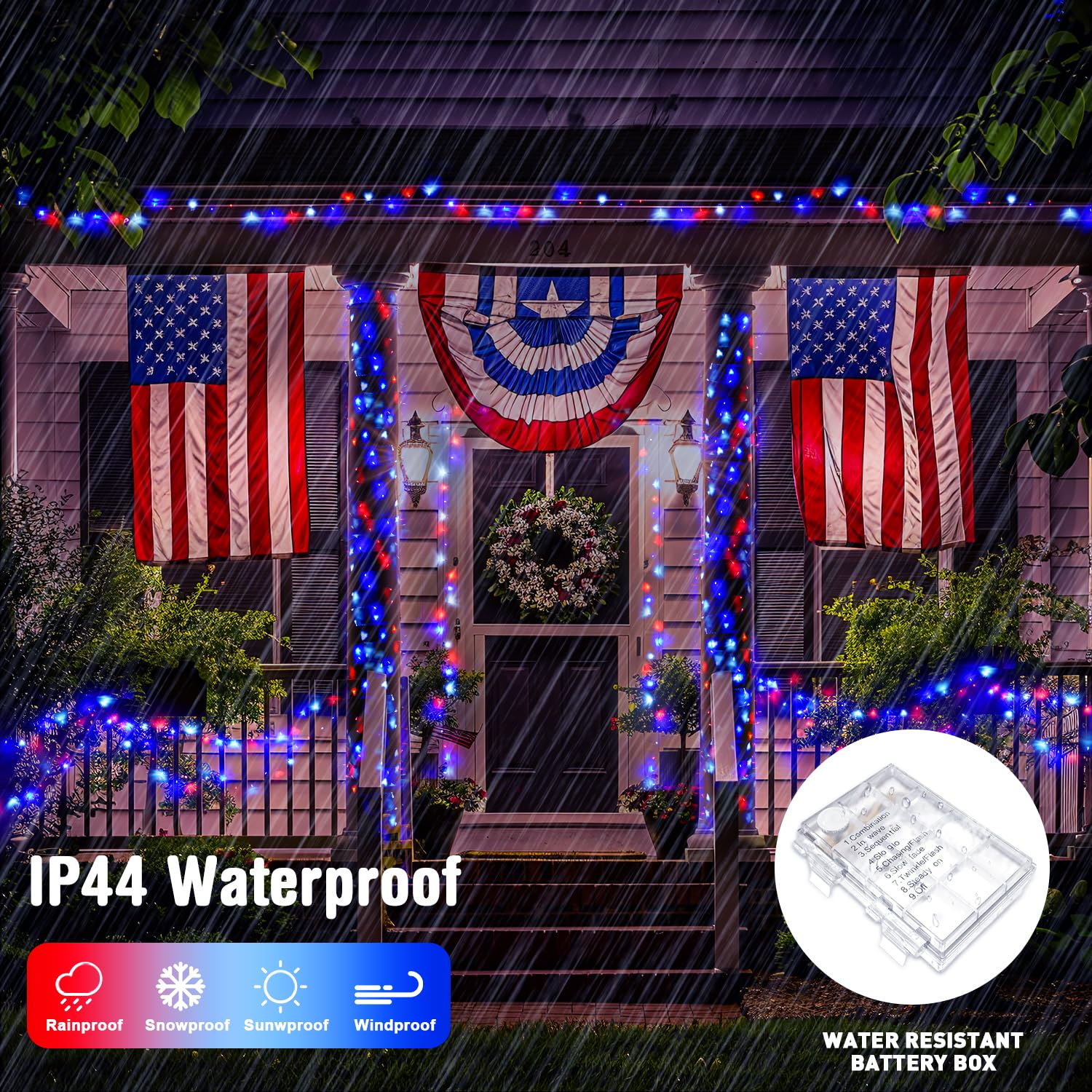 JMEXSUSS 2 Pack Outdoor LED Lights, 33ft 100 Lights, 8 Modes, Battery Operated, Red White Blue, Patriotic Decorations for Independence Day