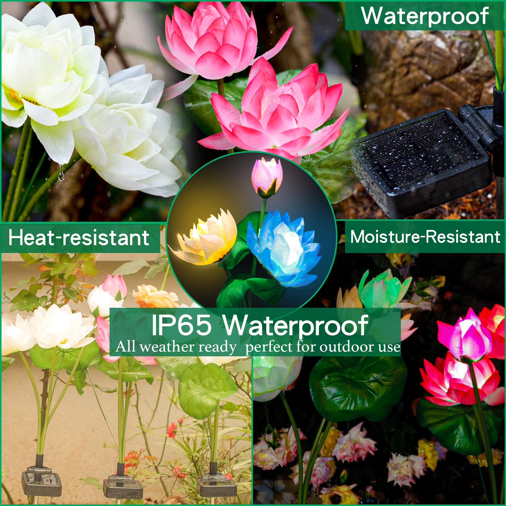 TONULAX Solar Lotus Flower Lights, Multicolor LED, Waterproof, Touch Control, 2-Pack, Plastic Silk