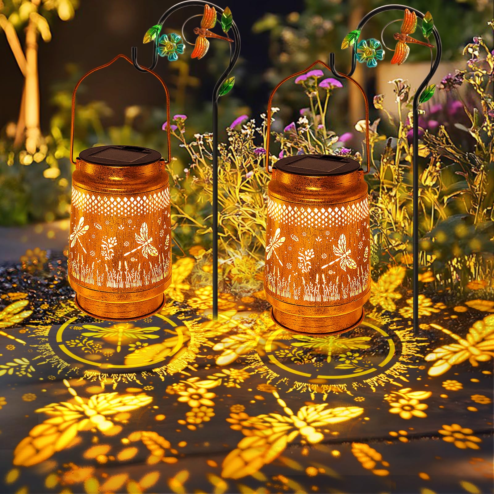 2 Pack Solar Lanterns Outdoor Waterproof Dragonfly Garden Decor  Birthday Gifts For Women Mom Grandma Christmas  Hanging Solar Lights Metal Led Decoration With Shepherd Hook Outside For Yard Patio