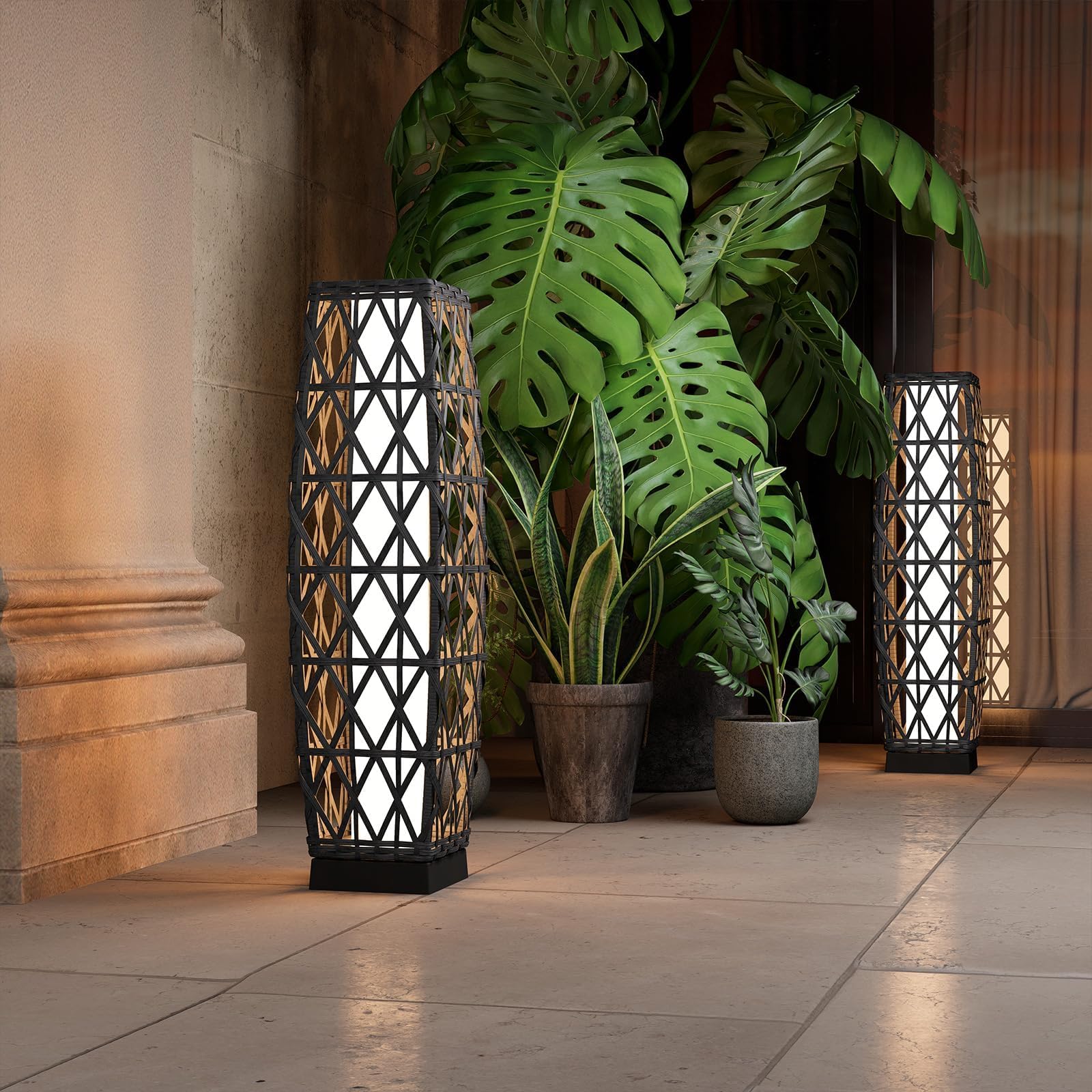 Grand Patio Solar Outdoor Floor Lamp Wicker Lantern Decoration Light For Deck Garden Lawn Porch-Medium Cindy, Silver Gray