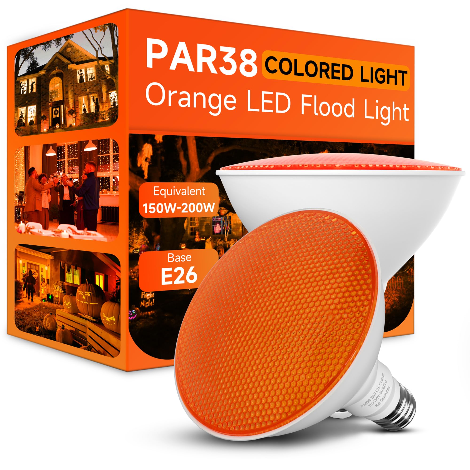 Nouscan Par38 Orange Led Lights For Outside  150W Flood Light Bulbs Equivalent  15W 1200Lm  Colored Outdoor Flood Light Bulb  E26 Not-Dim For Halloween  Christmas  Thanksgiving Day  2 Pack