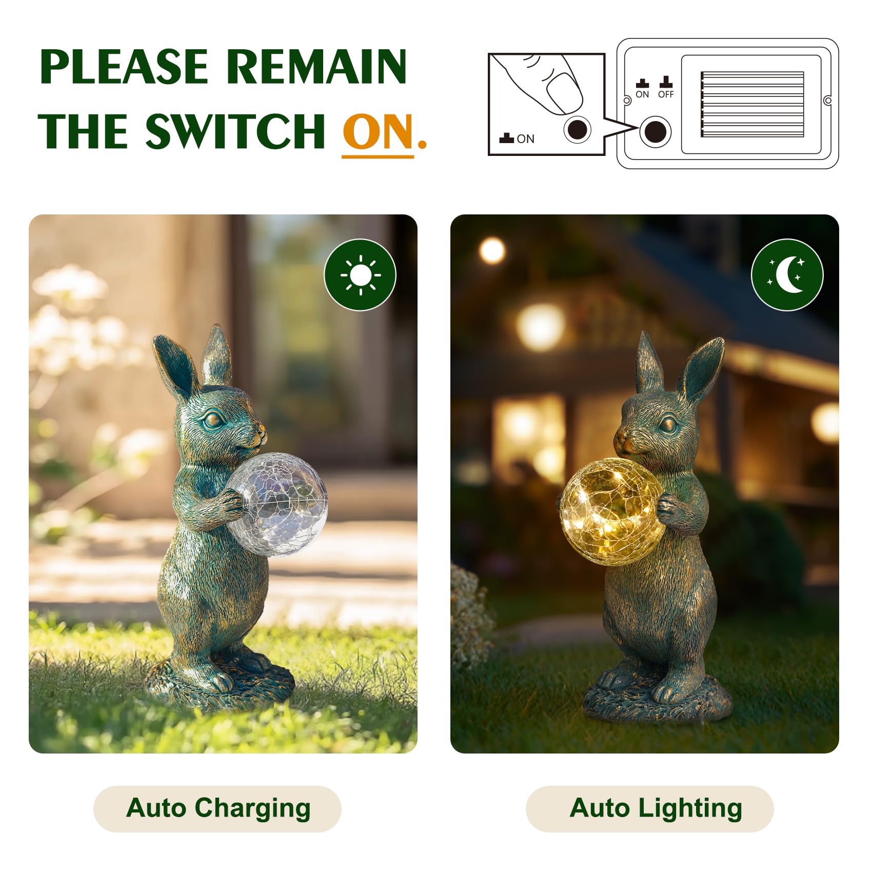 Mininova Garden Outdoor Statues Rabbit With Solar Light Bunny Figurines Decorations With Wider Base & Reinforced Weight For Pati