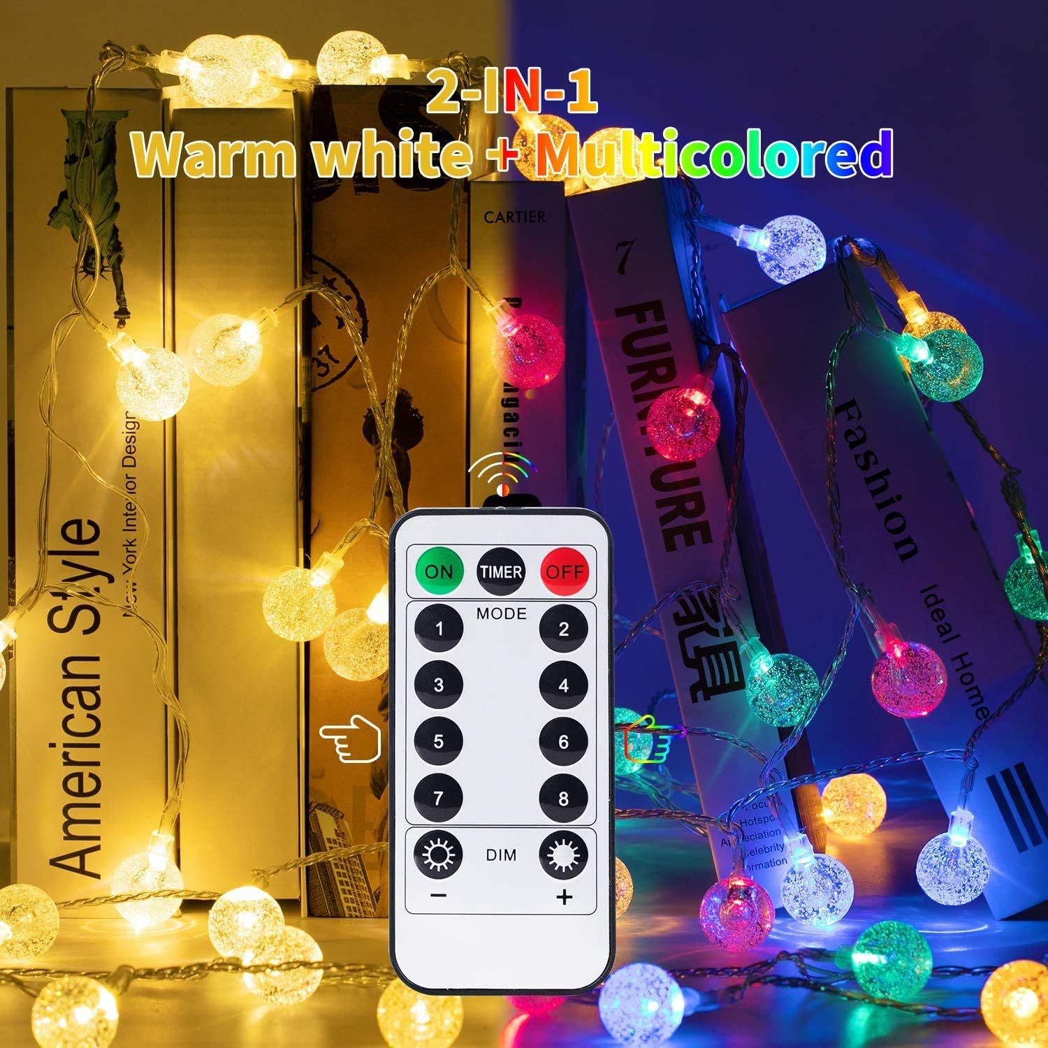 Minetom Globe String Lights - 33 ft, 100 LED, Copper, Waterproof, Remote & Timer, Warm White & Multicolor