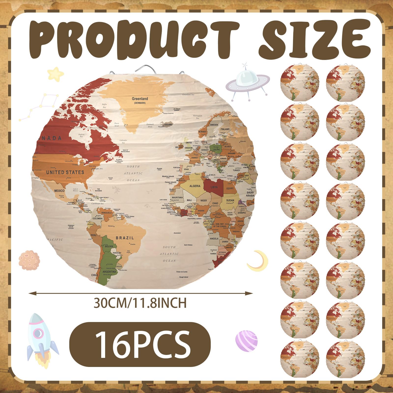 Bencailor 16 Pcs 12 Globe Decor Hanging Paper Lanterns, Earth Day Decorations, Around The World Travel Theme World Map Classroom