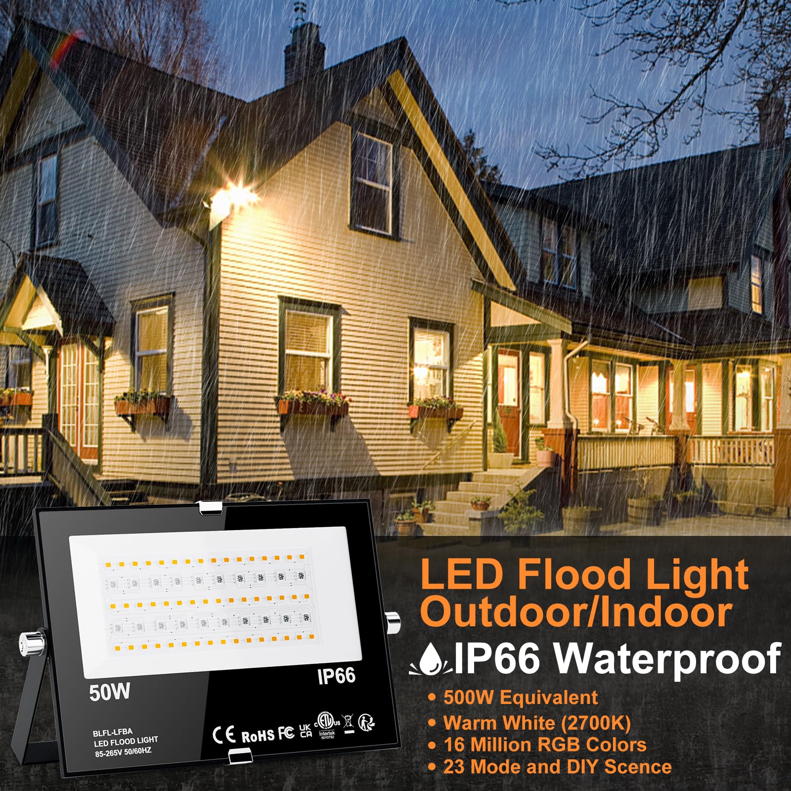 ChangM LED Flood Lights 500W Equivalent RGBW, Bluetooth Control, IP66 Waterproof, 2 Pack, 50W, 16 Million Colors, Model BLFL-LFBA