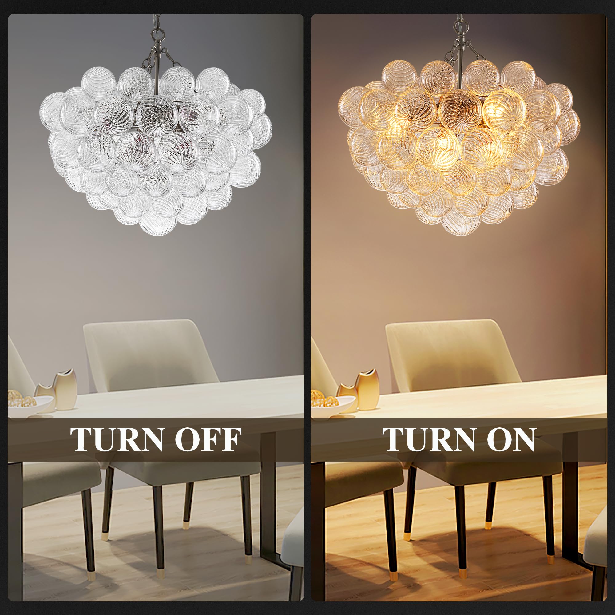 Beypan Bubble Ball Glass Chandelier Brushed Nickel 24'' Dia Clear Ribbed Blown Glass Swirled Globe Pendant Light Fixture For Din