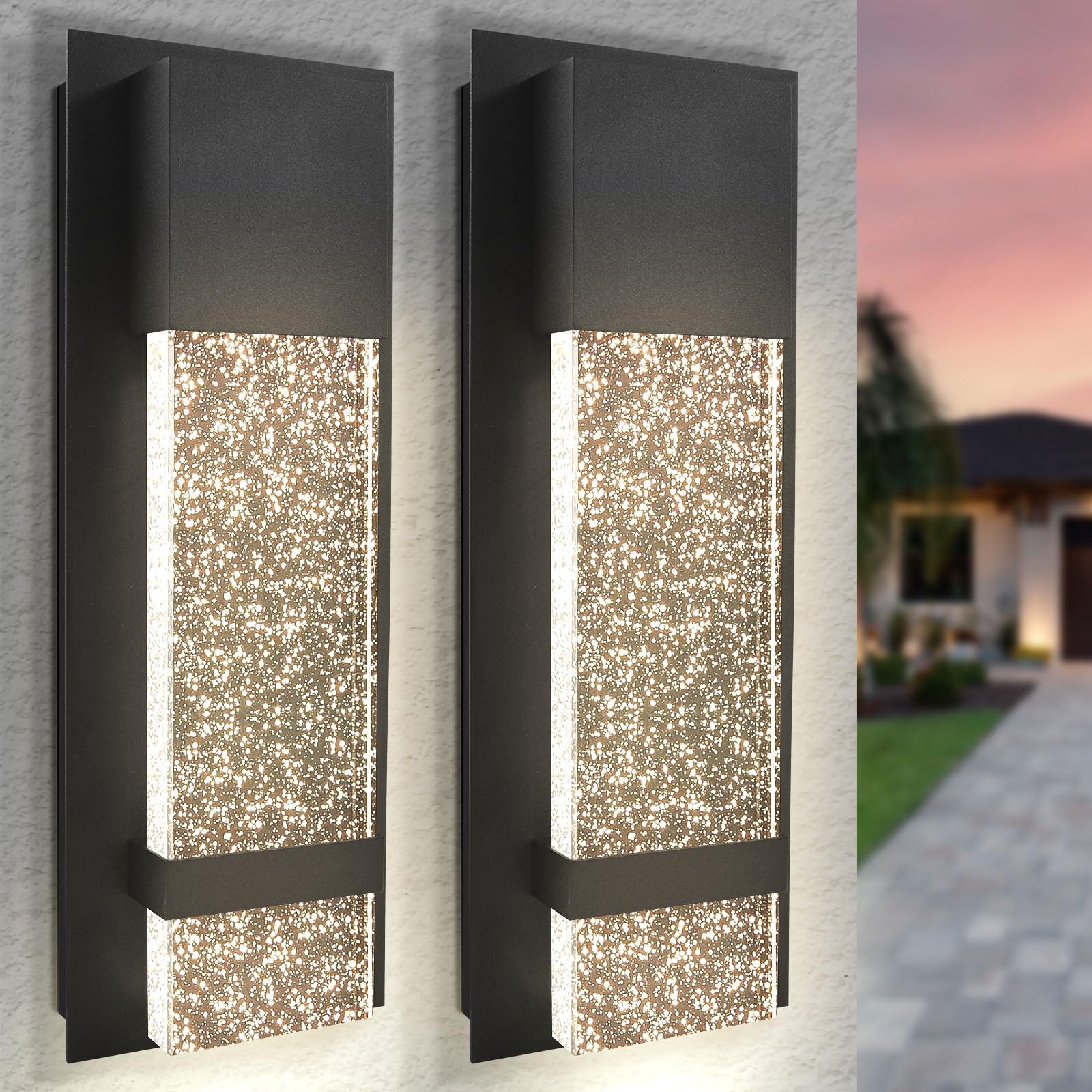 LUXRITE Modern LED Outdoor Wall Light, Seeded Bubble Glass, 12W, IP65 Waterproof, 14 Inch, Black, 2 Pack