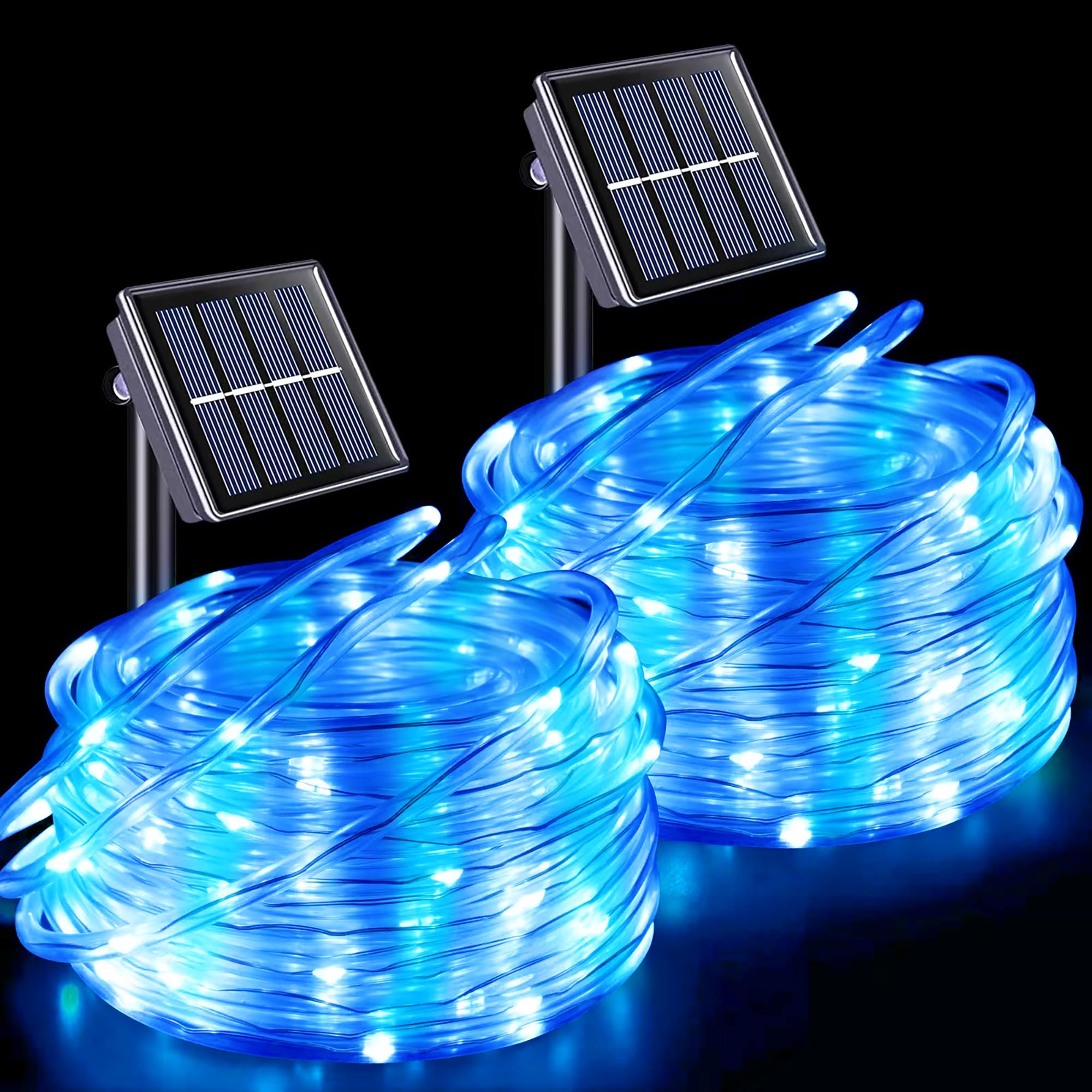 YEGUO Solar Rope Lights Outdoor Waterproof LED, 2 Pack Each 33ft 100 LED String Lights Outdoor, Clear PVC Tube White and Blue So