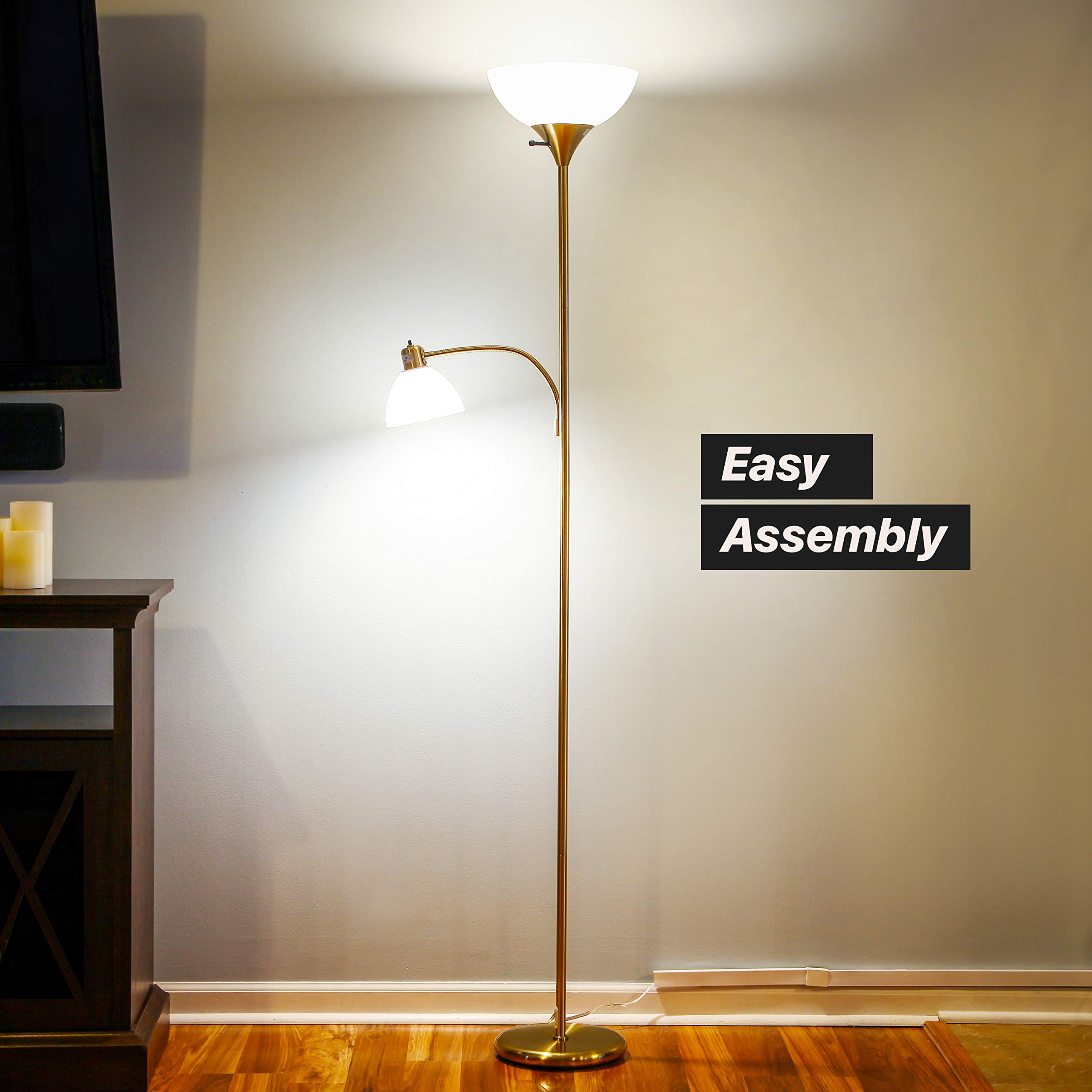 Brightech Sky Dome Plus LED Floor Lamp - Dimmable Torchiere with Reading Lamp, Gold Brass Finish, Model FL-DMEPLS-BRS