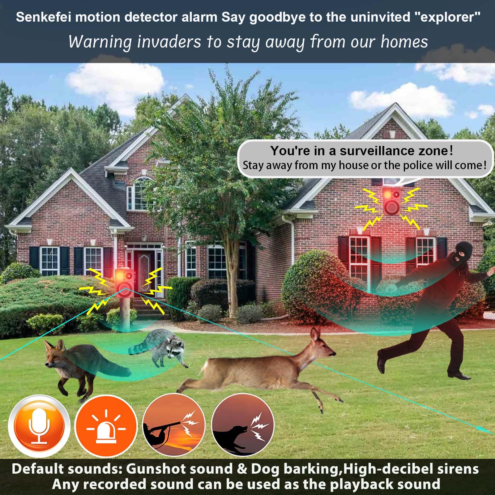 SENKEFEI SS Solar Motion Sensor Alarm - Remote Control, Loud Noise Maker, Red, Model JBQ-X Pro Max for Homes and Farms