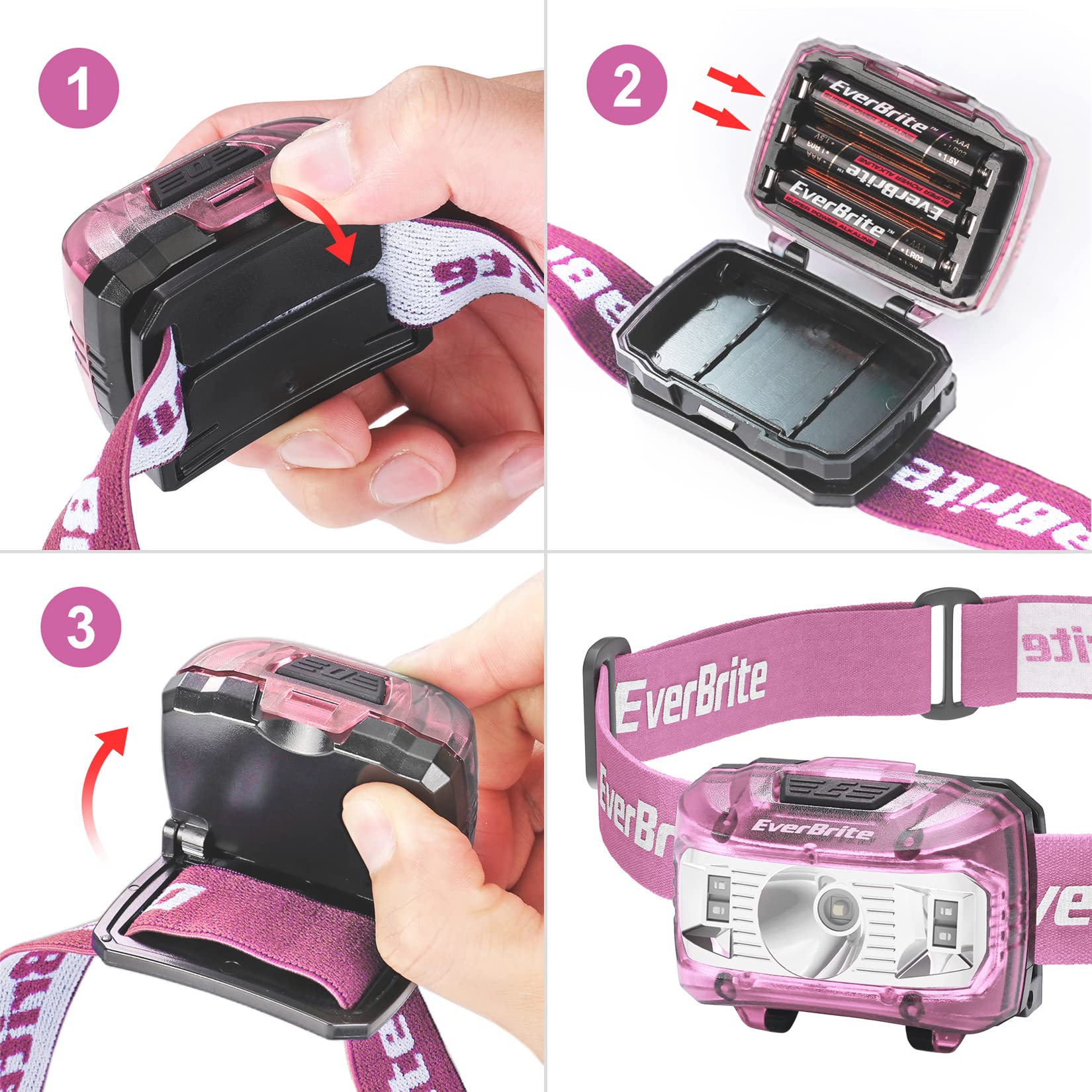 EverBrite Headlamp 2 Pack - Kids & Adults, Adjustable Pink, 5 Modes, Red Light, Durable Plastic, Model E001023, Batteries Included