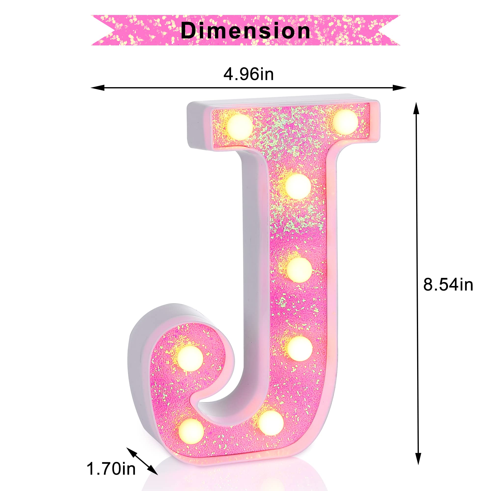 Foaky LED Letter Light Sign, Pink Glitter Alphabet for Parties, Battery Powered, Model J