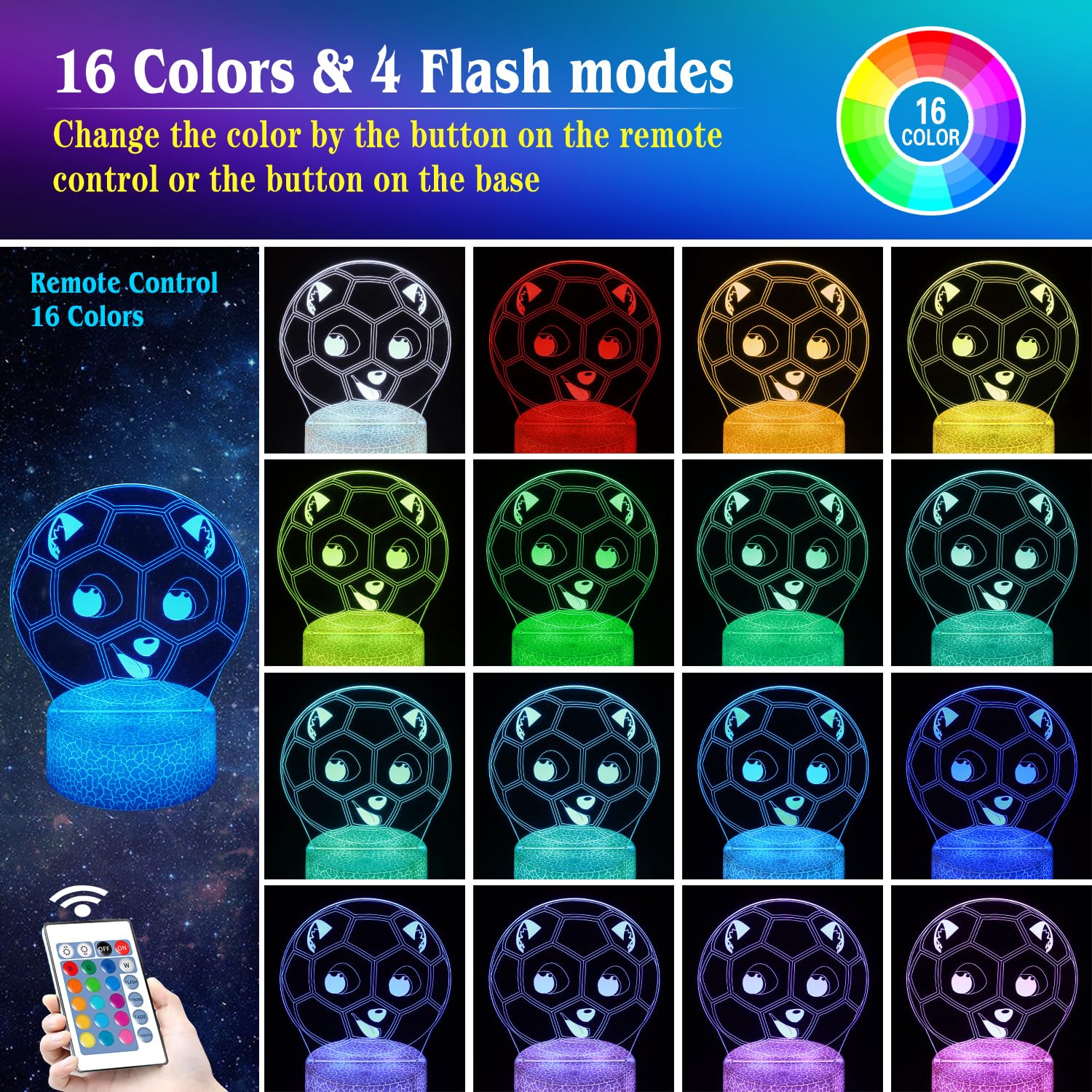 Shwkmoppe Soccer Night Light Gifts For Boy, 3D Soccer Bedside Lamp,16 Color Change Decor Lamp With Remote & Smart Touch, Gifts F