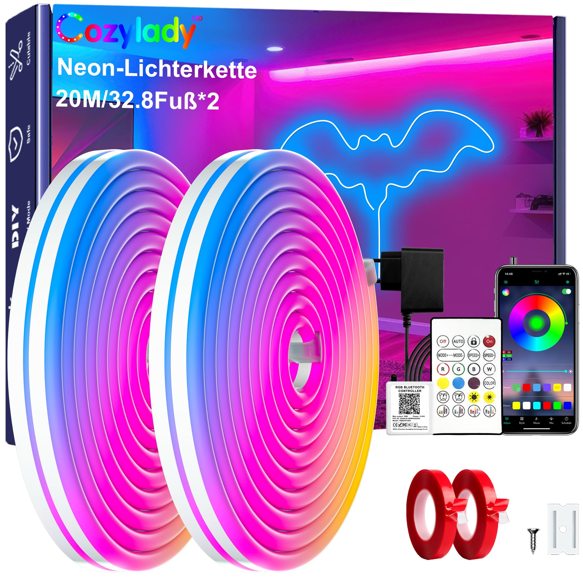 Cozylady RGB LED Neon Rope Lights, 66Ft (20M), Multicolor, Model HX-WL3035-24V, App/Remote Control, Indoor/Outdoor Decor