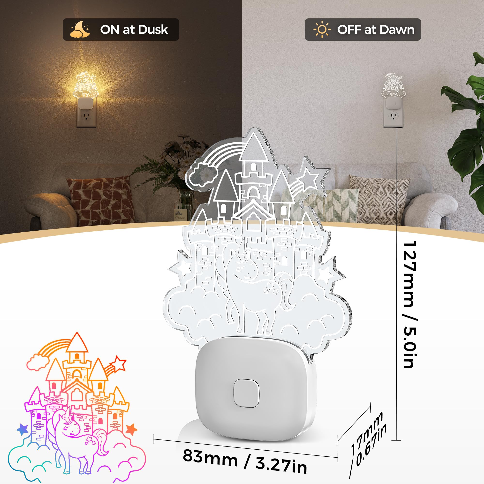 DORESshop Cute Night Light for Kids, 2 Pack, Acrylic, Color Changing, Plug-In, Dusk to Dawn Sensor, Multicolor