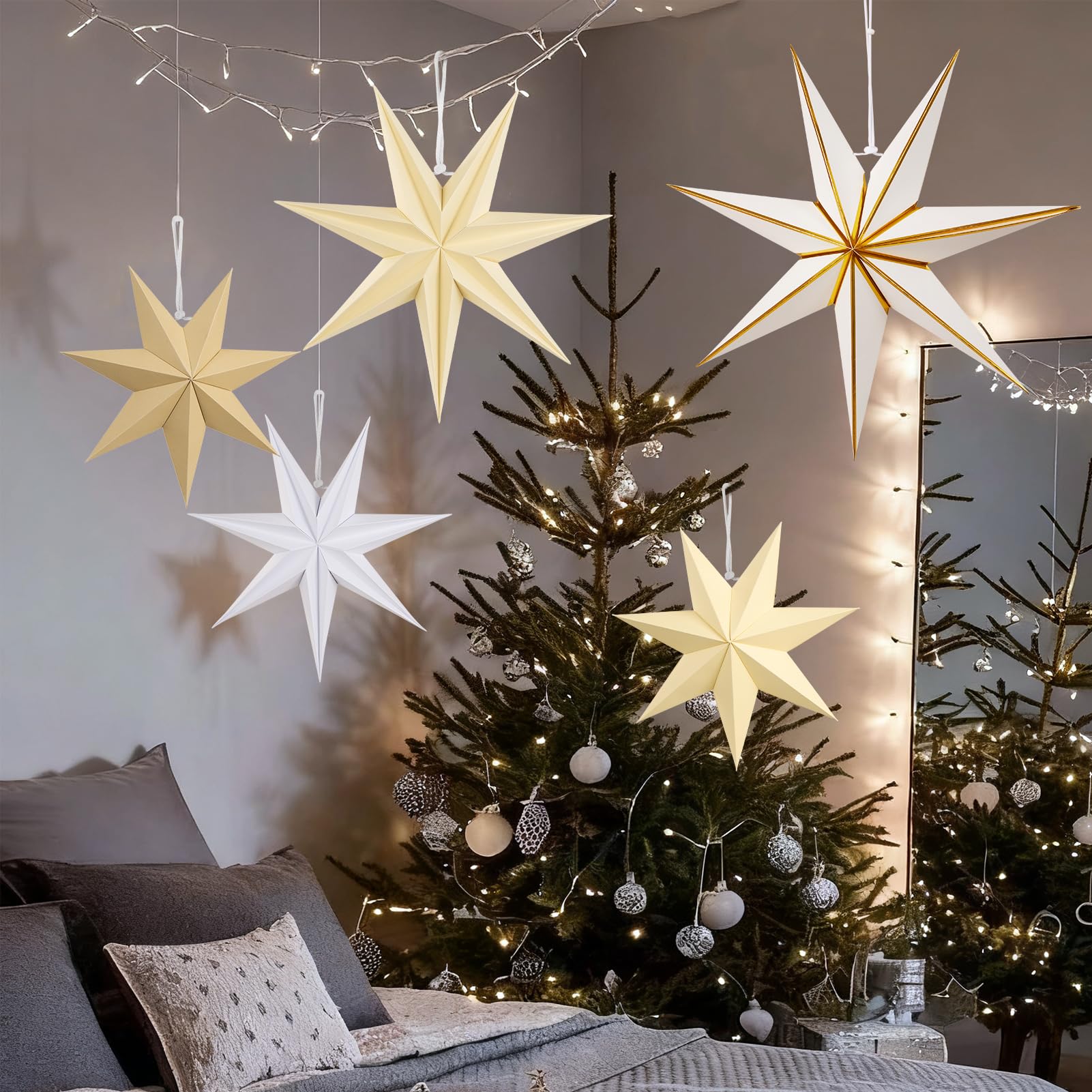 Paper Jazz 5 Pcs Paper Star Lanterns Party Decorations Paper Stars Christmas Hanging With Beige Brown Moravian Star Boho Vintage Christmas Ornaments For Xmas Tree Wall Ceiling Decoration.