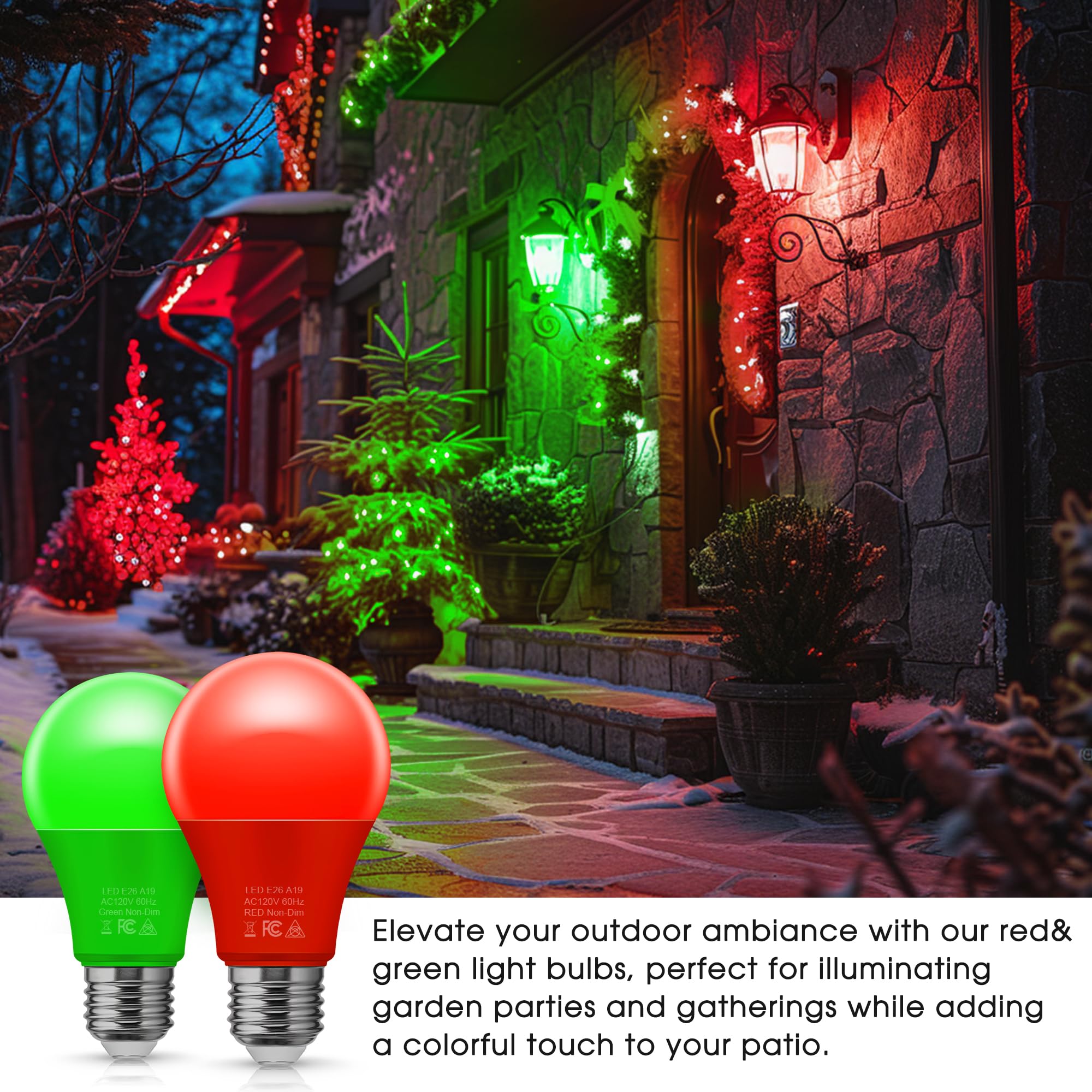 Briignite A19 LED Light Bulbs 2 Pack - Red/Green 9W (60W Equivalent) for Outdoor Christmas Party Decor