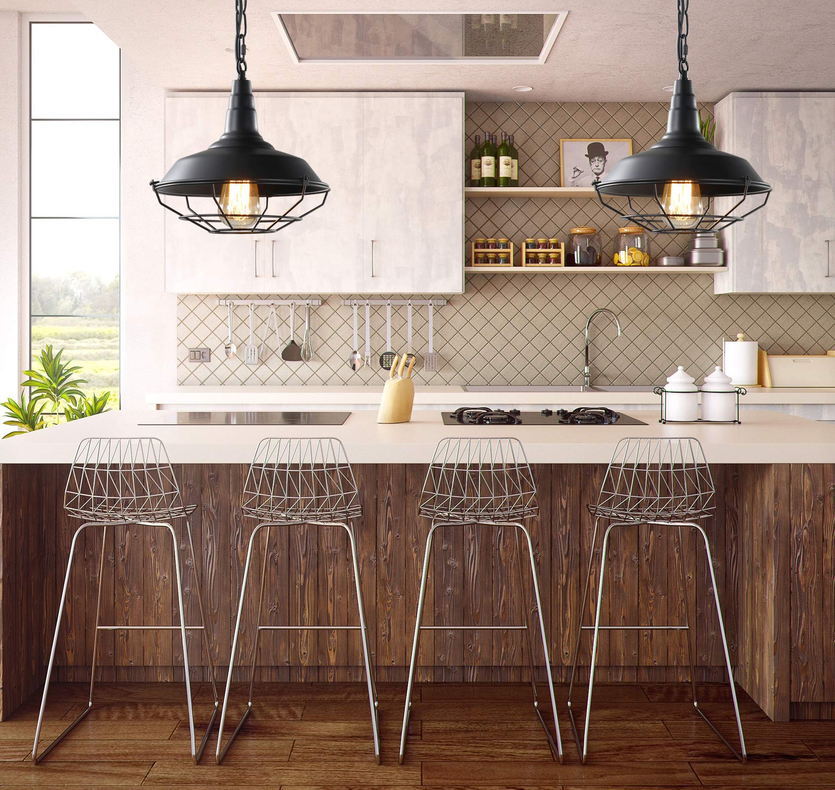 Karjearl Black Farmhouse Pendant Light - 2 Pack Vintage Metal Cage Fixtures For Kitchen & Hallway