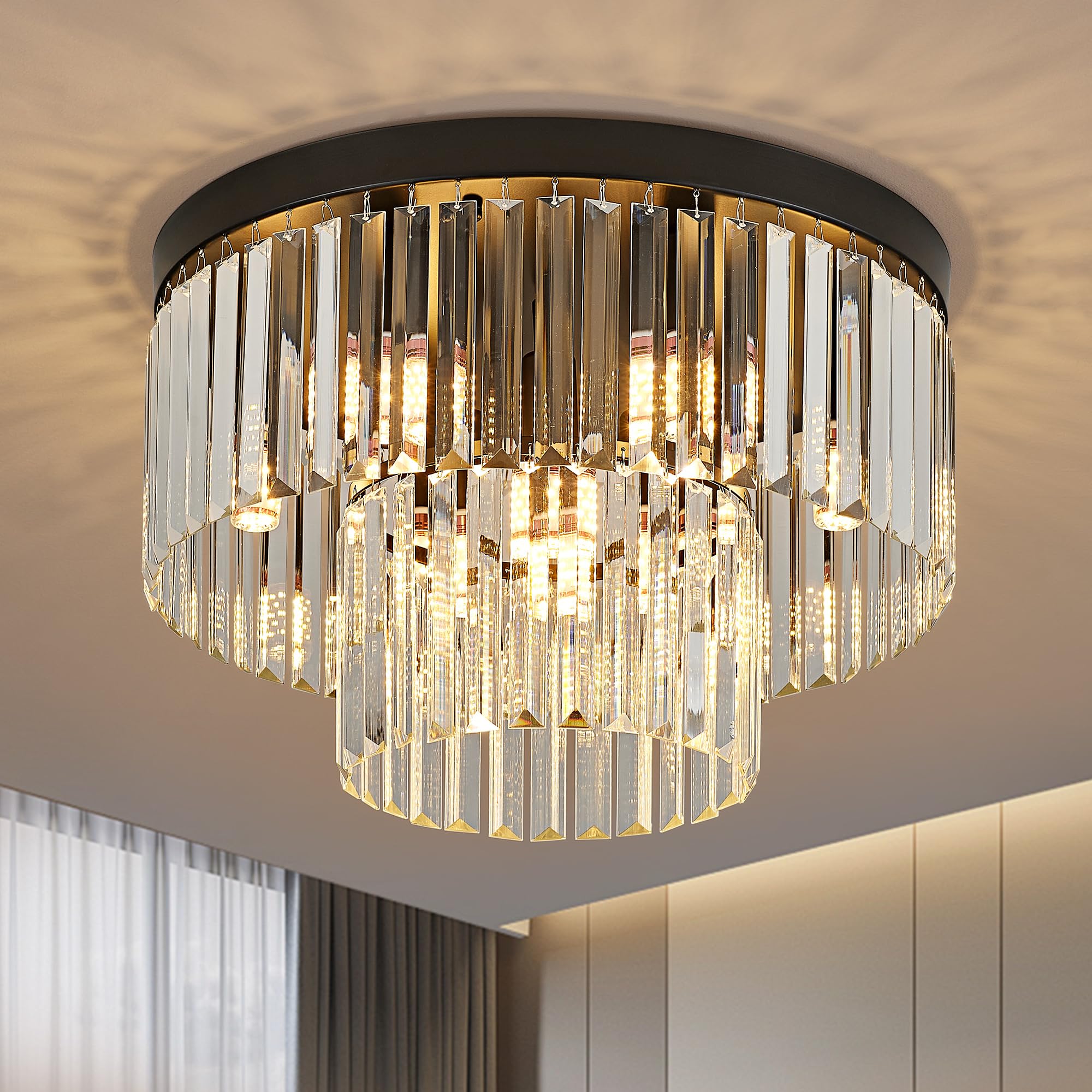 Faibra 17'' Black Crystal Ceiling Light 9-Light Modern Crystal Light Fixture 2-Tier Luxury K9 Crystal Ceiling Light,For Dining R