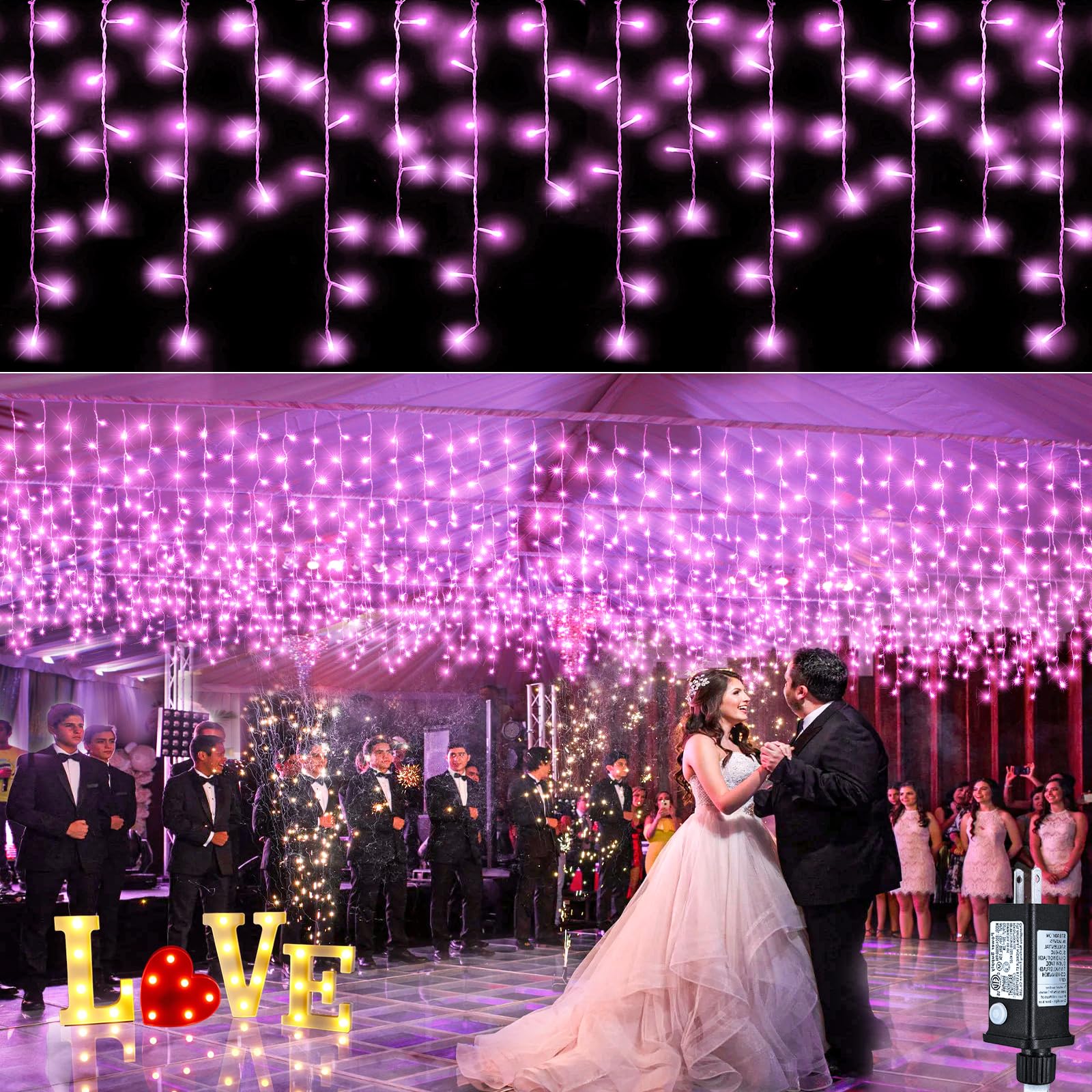 33ft Pink LED Icicle String Lights Indoor for Bedroom, 400 LED Patio Lights for Outside Clear Wire Connectable Twinkle Lights wi