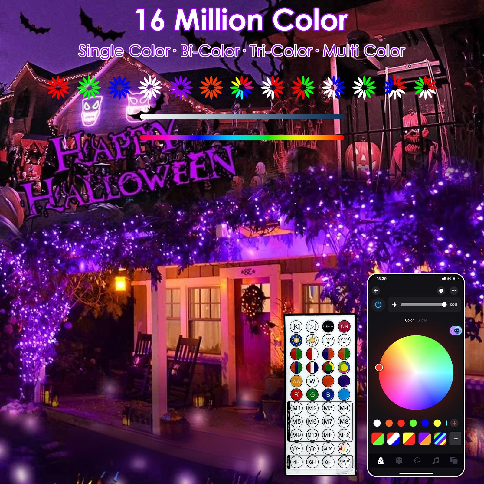 YIQU Smart Color Changing Christmas Lights, 200 LED RGB String Lights, 66 FT, Remote App Control, Music Sync, Waterproof