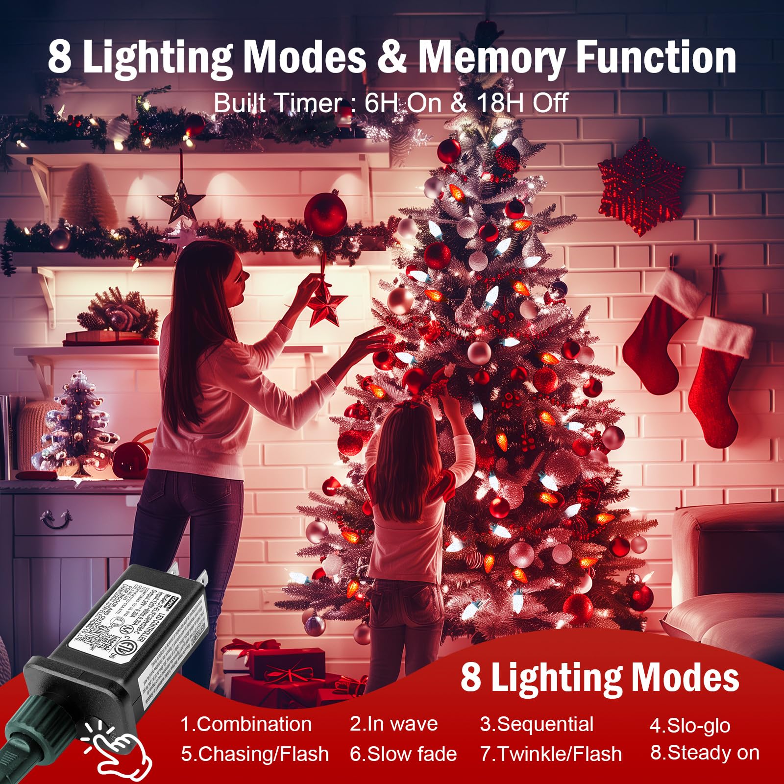 Brightown C9 Christmas Lights 200 LED String Lights 162 FT Waterproof Green Wire Red and White
