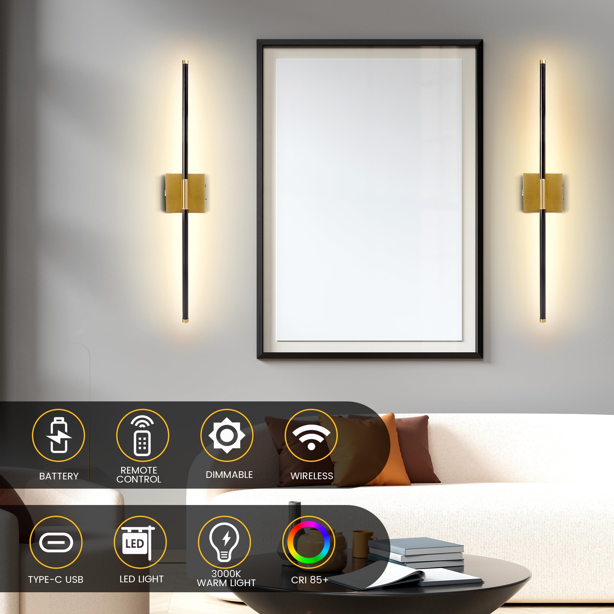 Battery Operated Wall Sconces with Remote Control Dimmable Wall Sconces Set of Two 350?Rotate 3000K LED Brass Gold and Black Wir