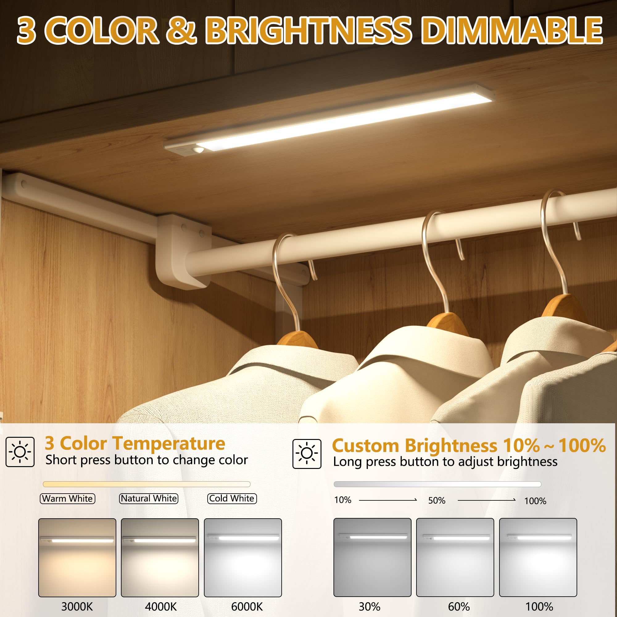 Under Cabinet Lights Motion Sensor 3 Color Temperatures Led Closet Light, Usb-C Rechargeable Under Counter Lights Night Light Fo