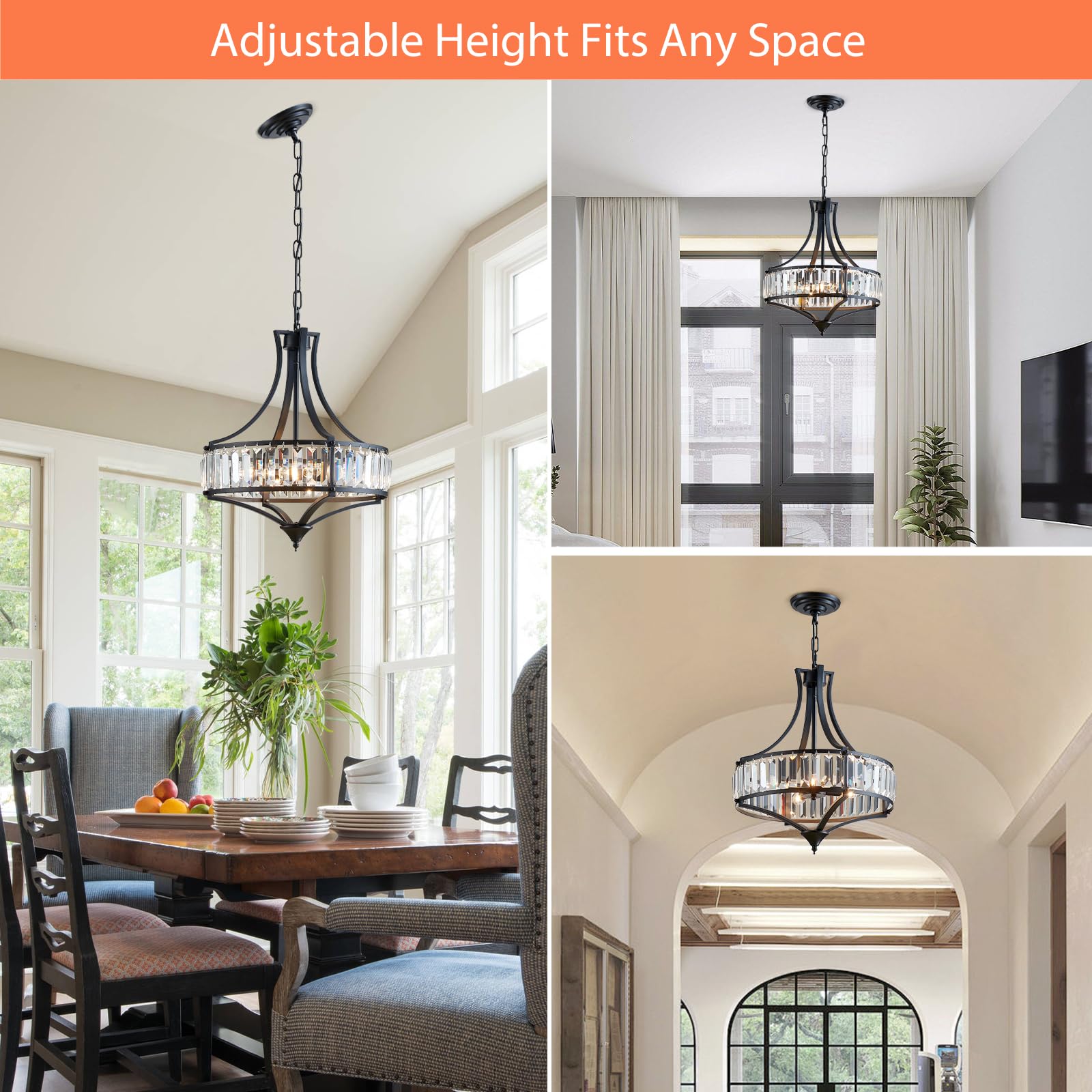 Majhoiw 4-Light Crystal Chandelier - Rustic Metal Shade, Round Design for Dining Room, Hallway, Foyer - 15.7" Black