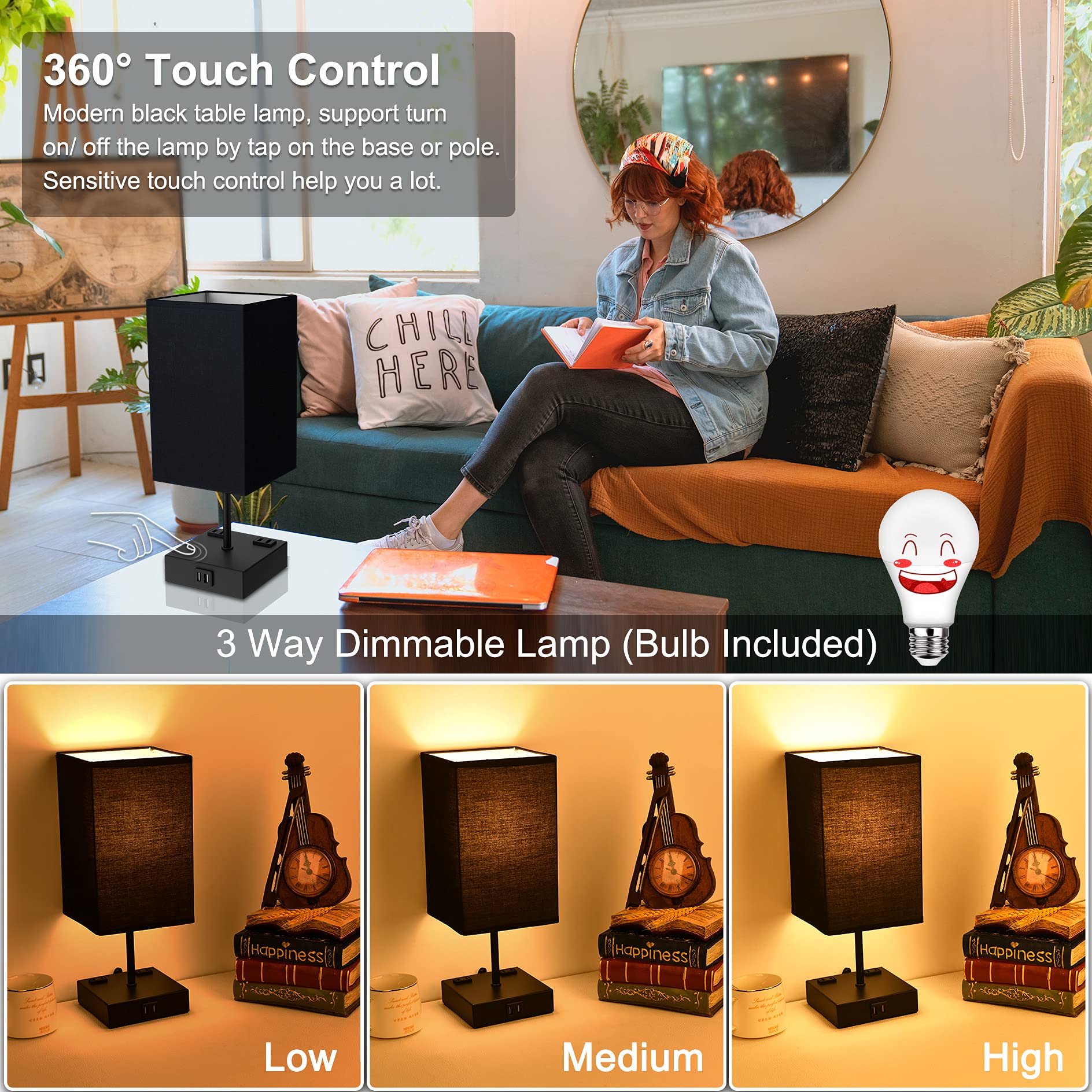 Sailstar 3-Way Dimmable Touch Table Lamp, 14.9" Black Metal Bedside Lamp with 2 USB Ports & Outlet, Ideal for Bedroom & Living Room