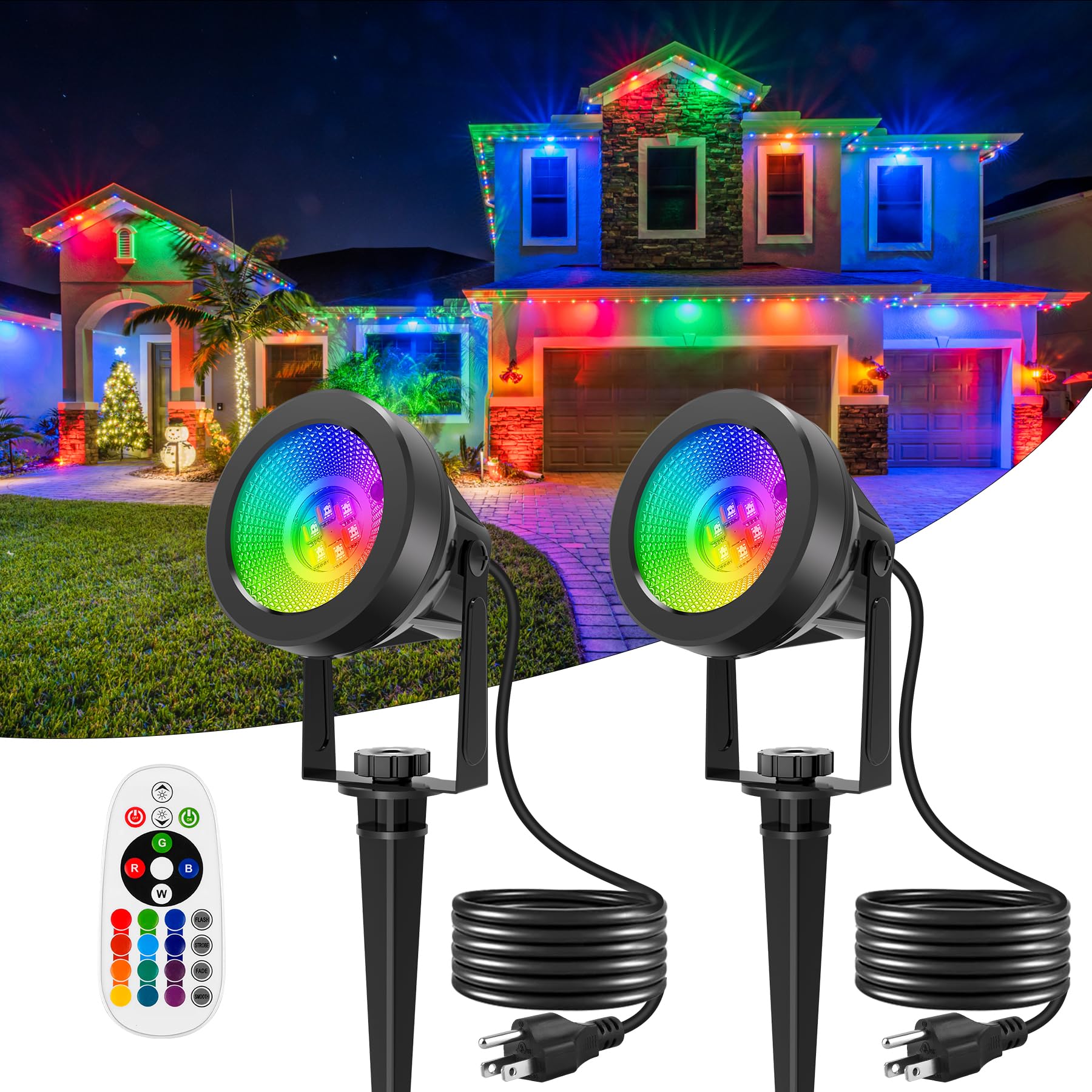 Crepow Christmas Rgb Spot Lights Outdoor  Led Color Changing Landscape Lighting  Waterproof Spotlight With Us Plug For Yard Garden Tree Path House Halloween Decoration (2 Pack)