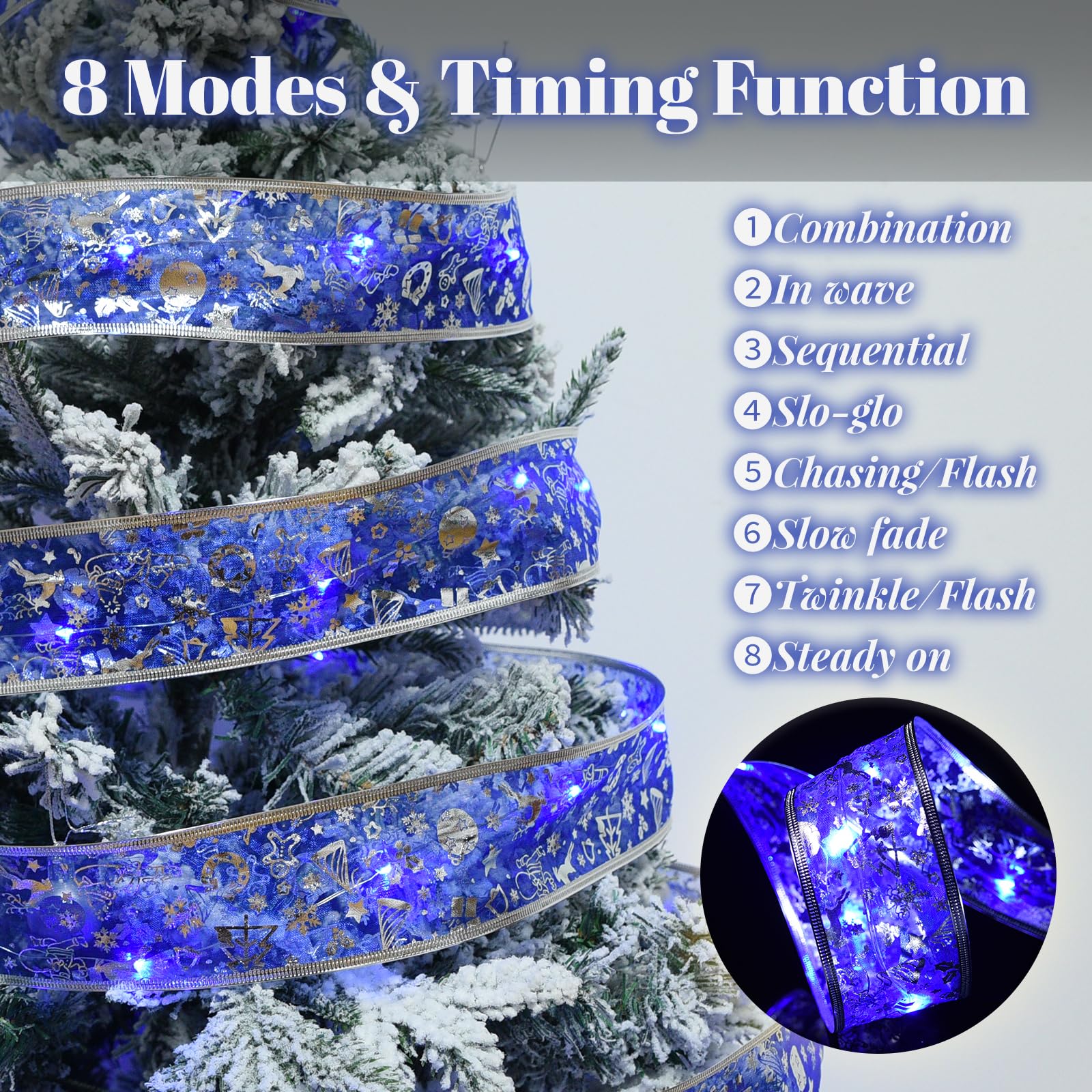 Dailyart Christmas Tree Lights, 200 LED, 78Ft, USB & Battery Operated, 8 Modes, Blue Ribbon Bows Decor for Indoor Xmas Garland