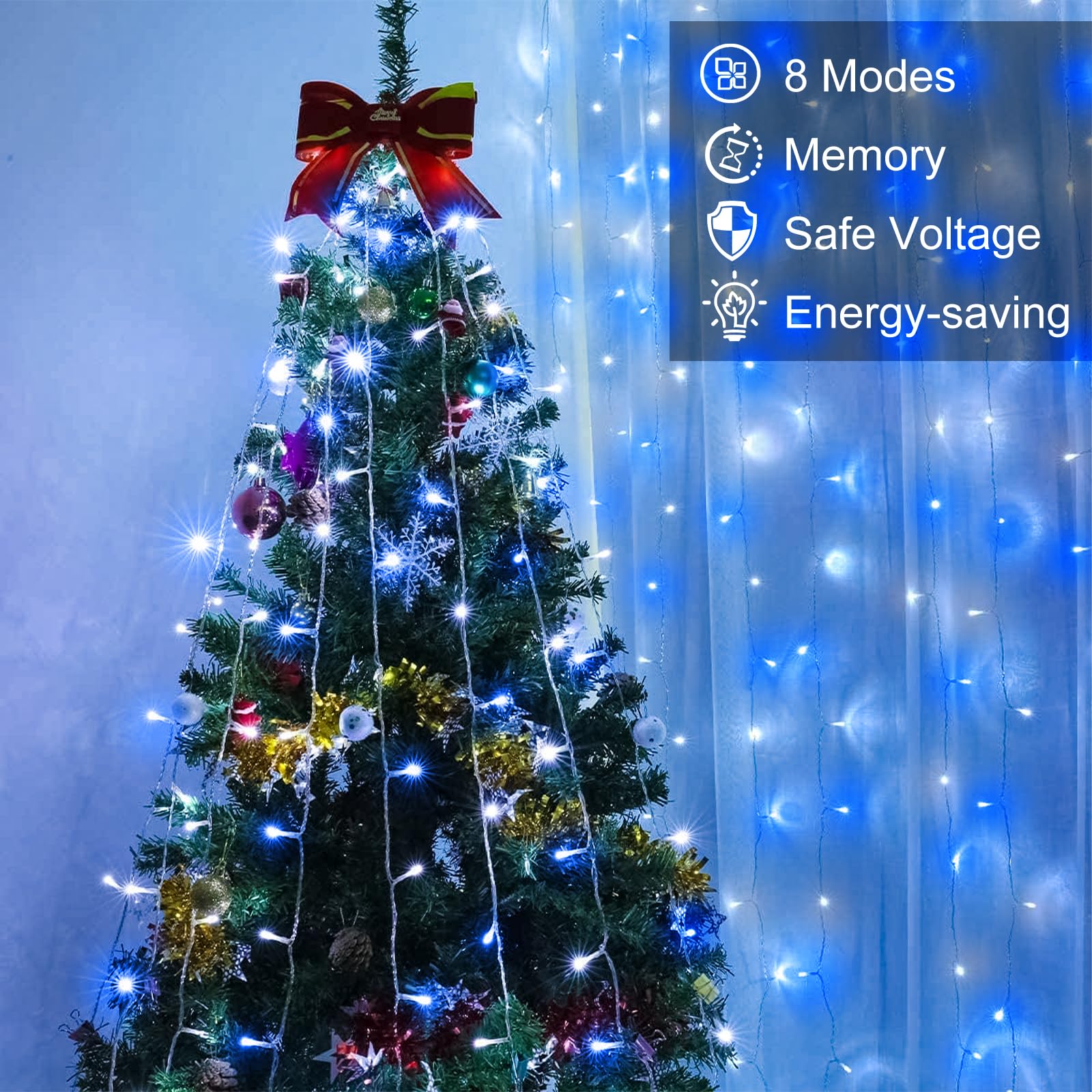 Nielfoi Christmas String Lights, 100FT 300LED, Blue and White, Waterproof, 8 Modes, Model BG-CL3M3-306L01