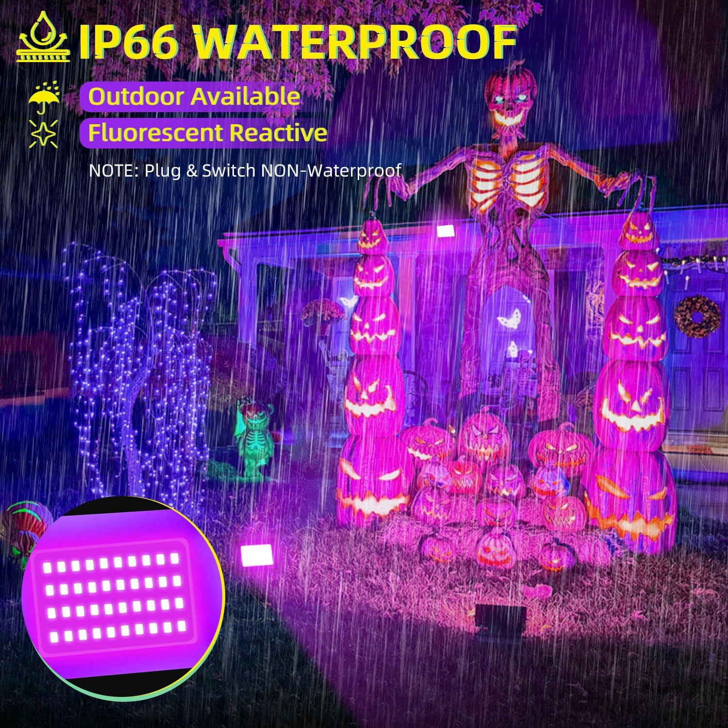 ISUERFY 4 Pack 36W LED Black Light, IP66 Waterproof, Purple Flood Light for Outdoor Use, Neon Glow, Classroom, Halloween