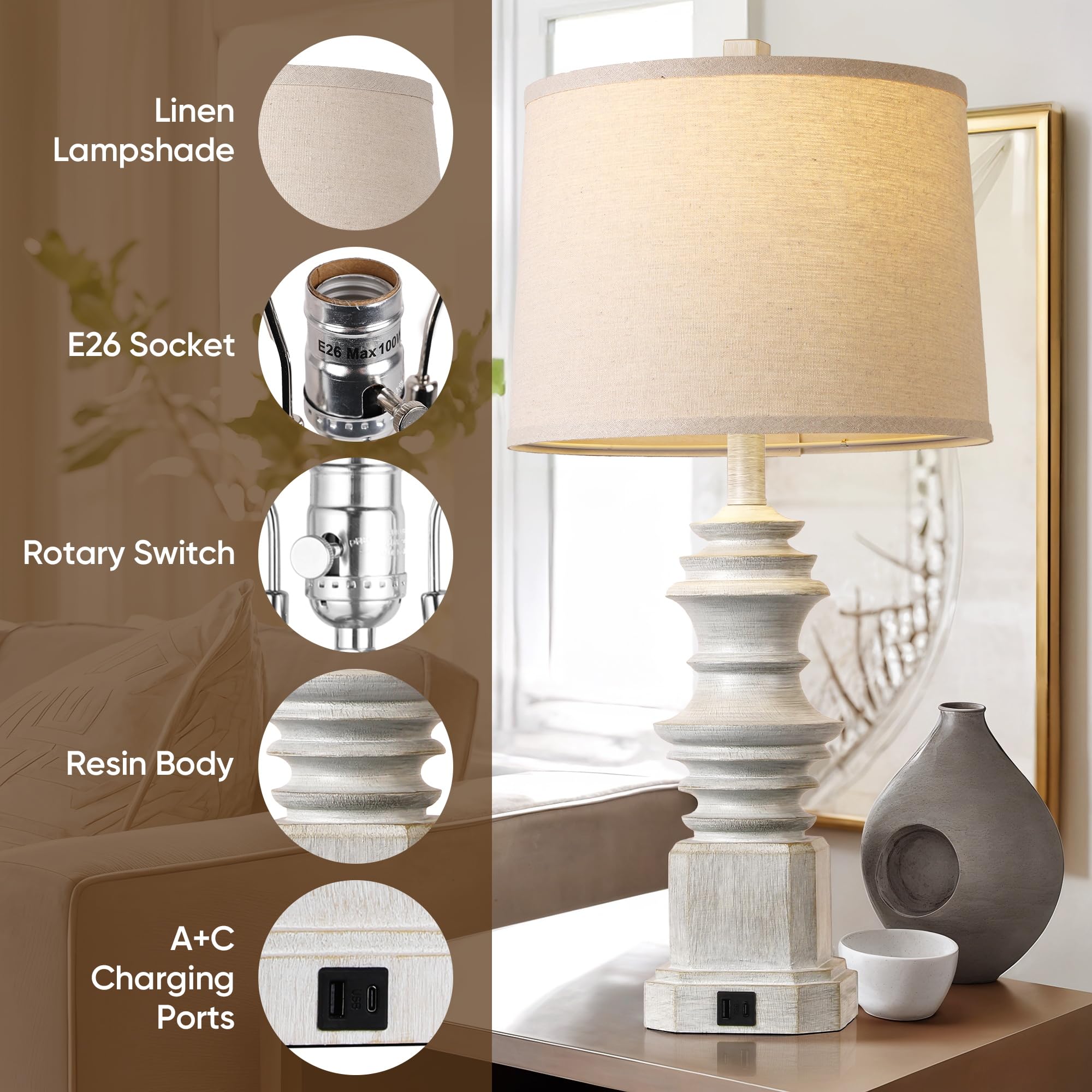 QiMH Table Lamps Set of 2, USB A+C Charging Ports, Farmhouse Design, Grey, Model STR-DL-0087, White Fabric Lampshade