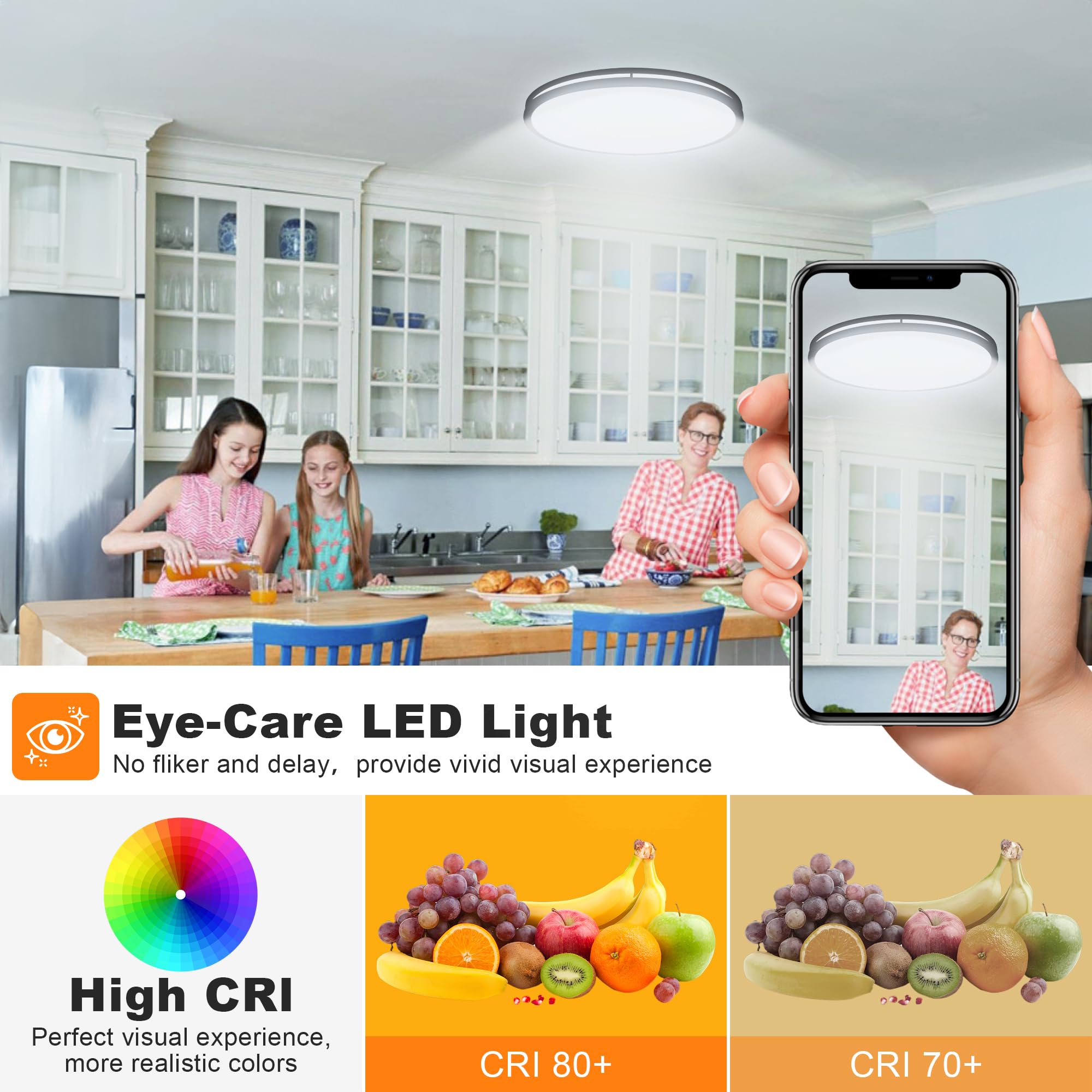 Faymart Lighting 33 Inch Black LED Flush Mount Ceiling Light 3000K/4000K/5000K Alloy Steel for Living Room, Kitchen, Bathroom