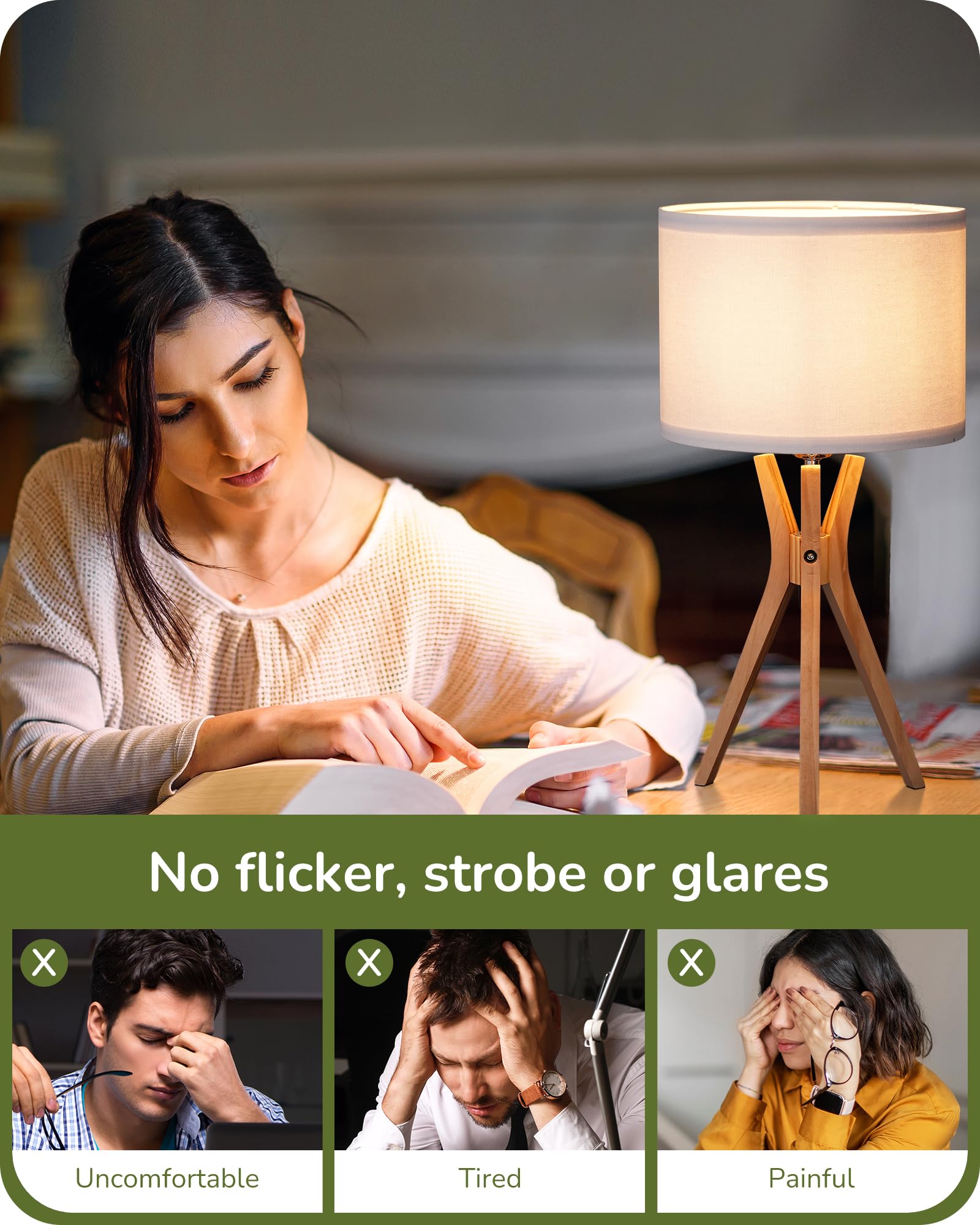 EDISHINE Modern Tripod Table Lamp, 17.5in, Wood Legs, White Linen Shade, E26 Base, Ideal for Bedroom and Living Room
